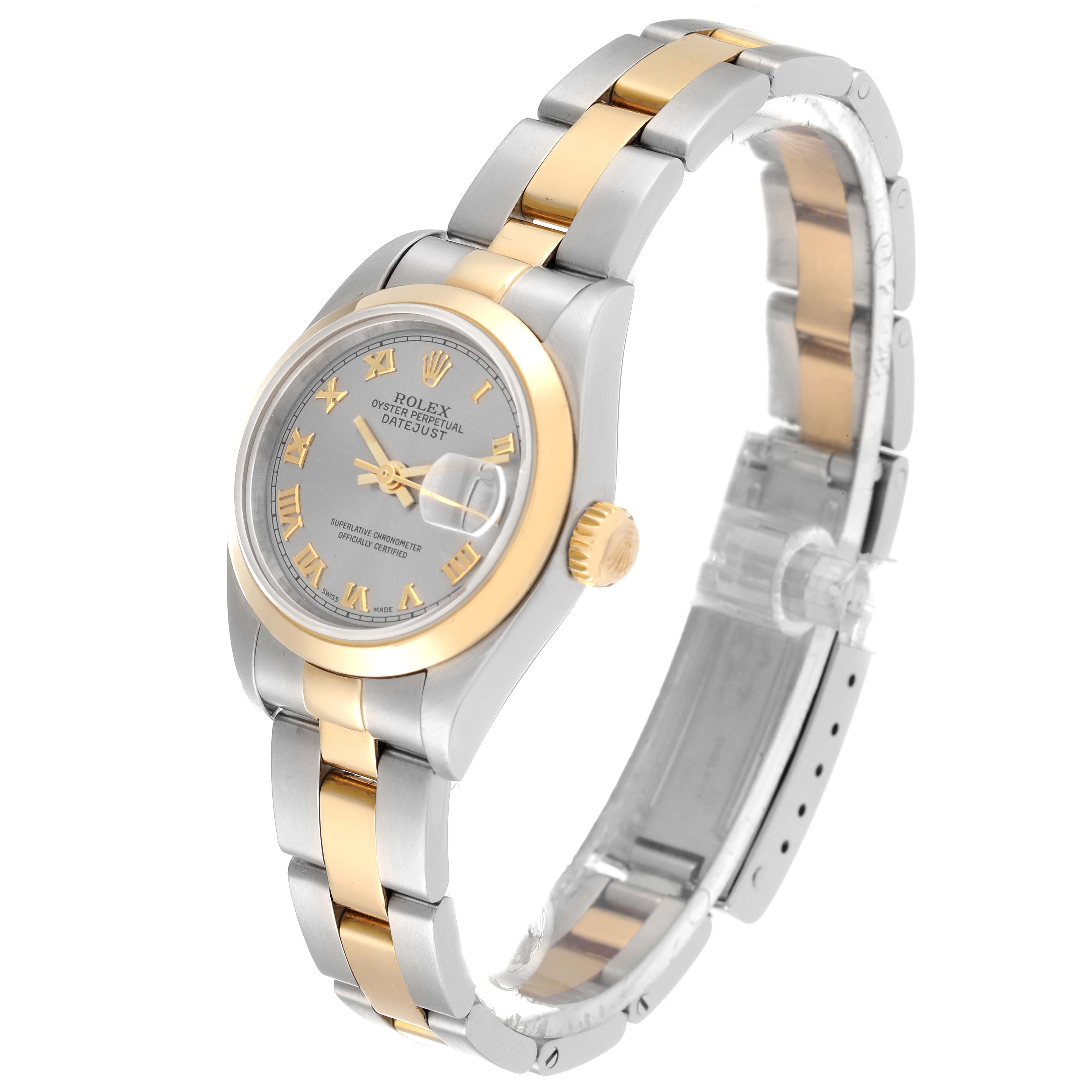 The Rolex Datejust 79163 Women's Steel and Gold (two tone) Grey Dial 79163 Women's Steel and Gold (two tone) Grey Dial watch shown is angled to display its face, bezel, and partly opened bracelet.