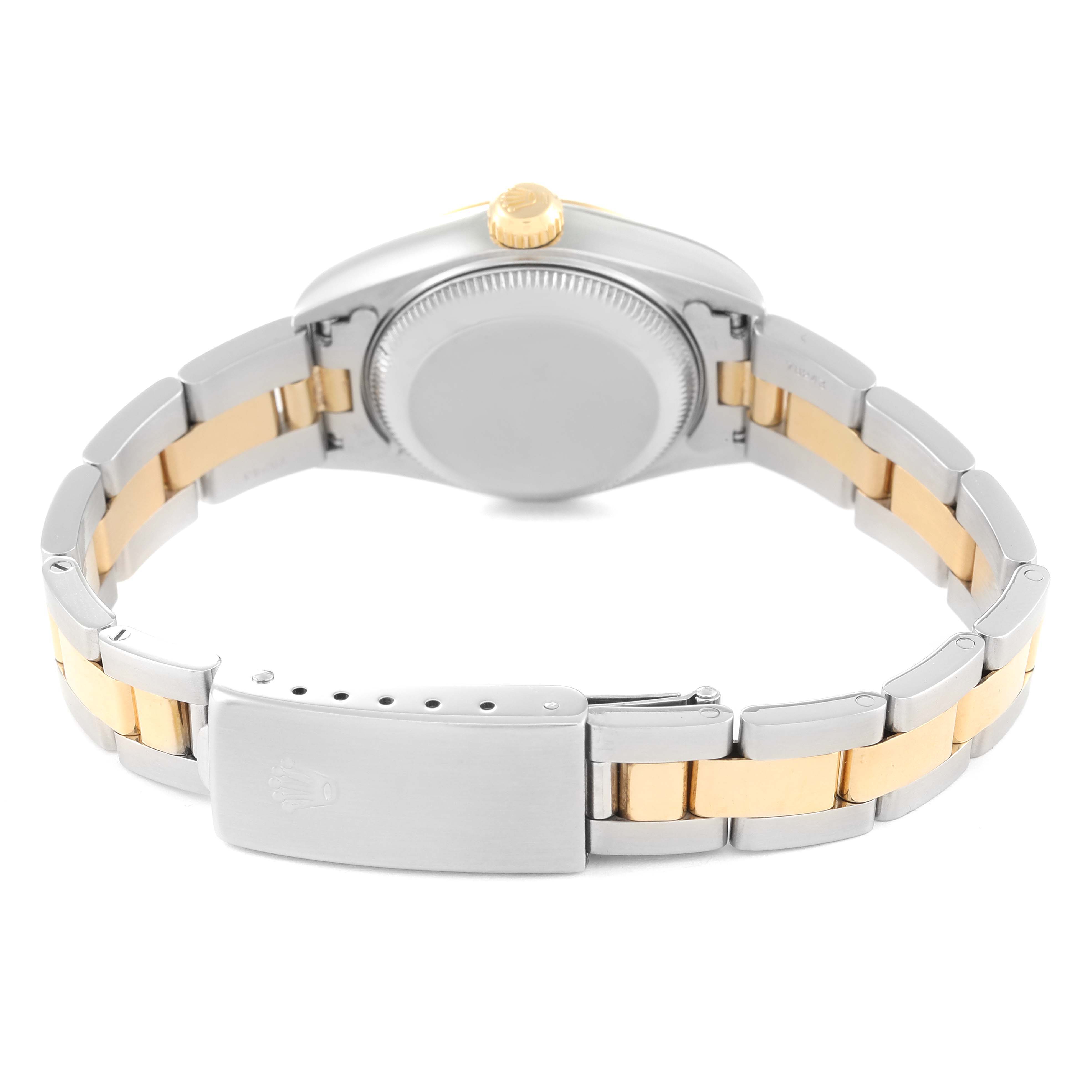 The image shows the back view of a Rolex Datejust 79163 Women's Steel and Gold (two tone) Grey Dial 79163 Women's Steel and Gold (two tone) Grey Dial watch, highlighting the case, bracelet, and clasp.