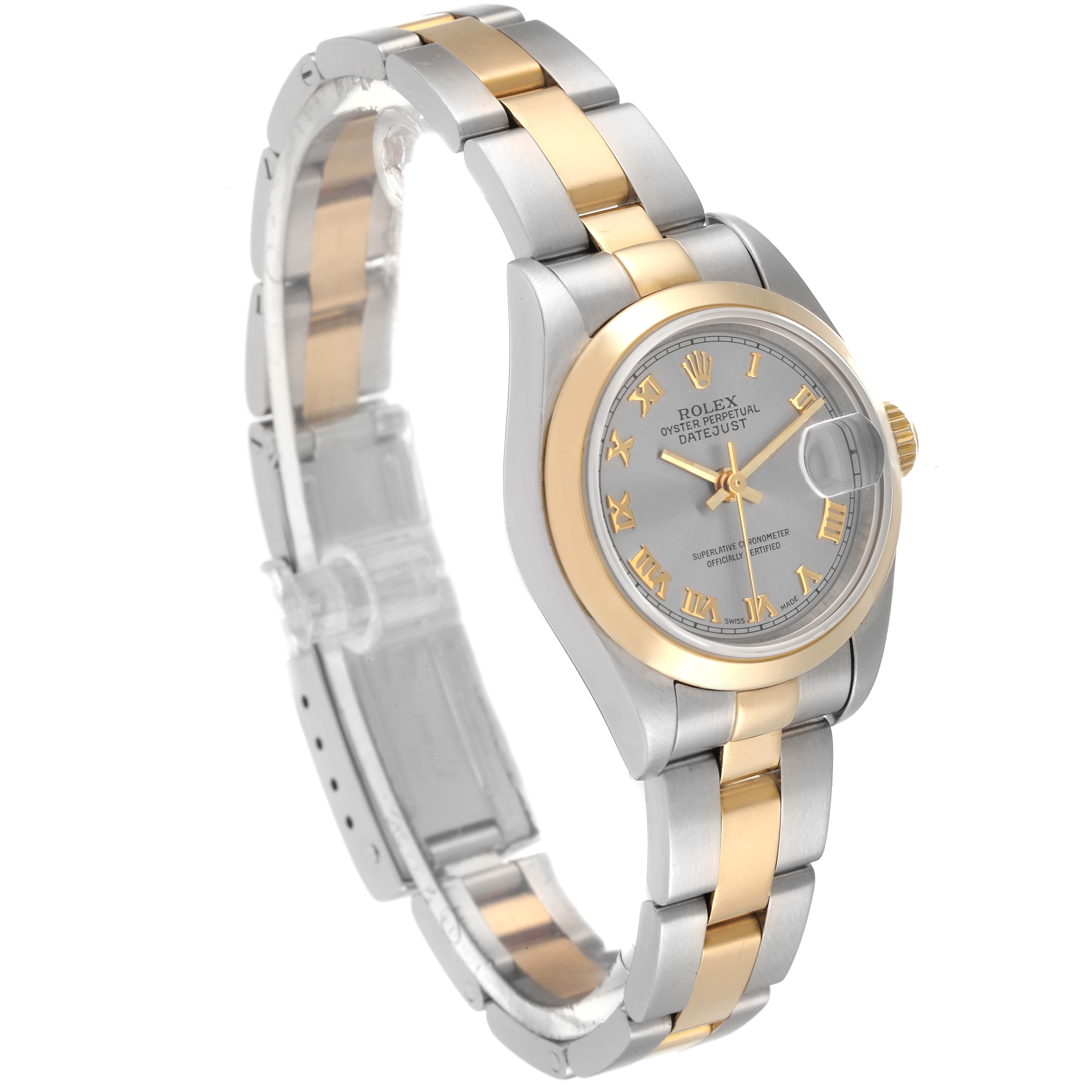 This is a Rolex Datejust 79163 Women's Steel and Gold (two tone) Grey Dial 79163 Women's Steel and Gold (two tone) Grey Dial watch shown from a side angle, highlighting the silver and gold bracelet and the face with Roman numerals.
