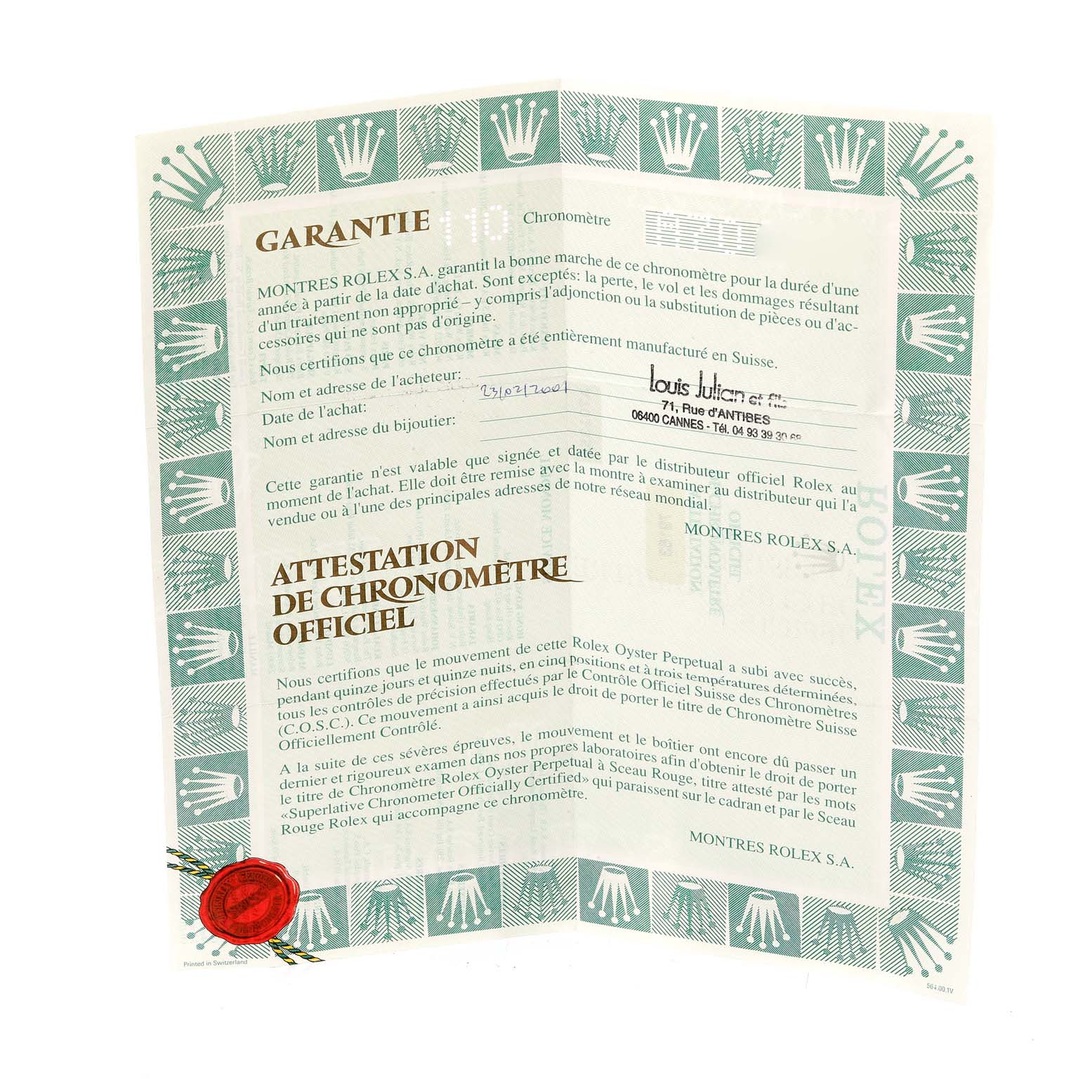 The image shows the warranty and official chronometer certification booklet for a Rolex Datejust 79163 Women's Steel and Gold (two tone) Grey Dial 79163 Women's Steel and Gold (two tone) Grey Dial watch.