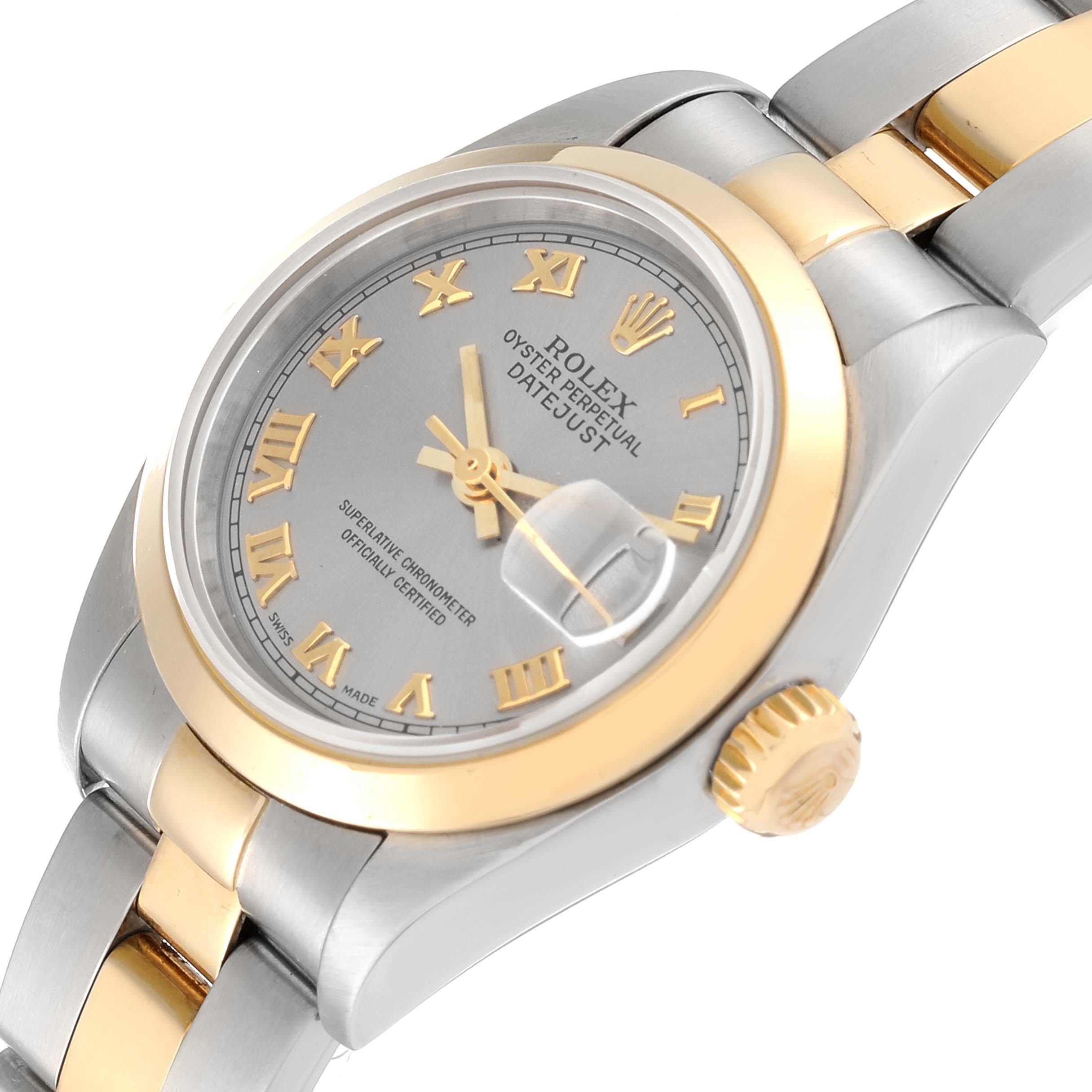 This image shows a Rolex Datejust 79163 Women's Steel and Gold (two tone) Grey Dial 79163 Women's Steel and Gold (two tone) Grey Dial watch from an oblique angle, highlighting the dial, bezel, crown, and part of the bracelet.