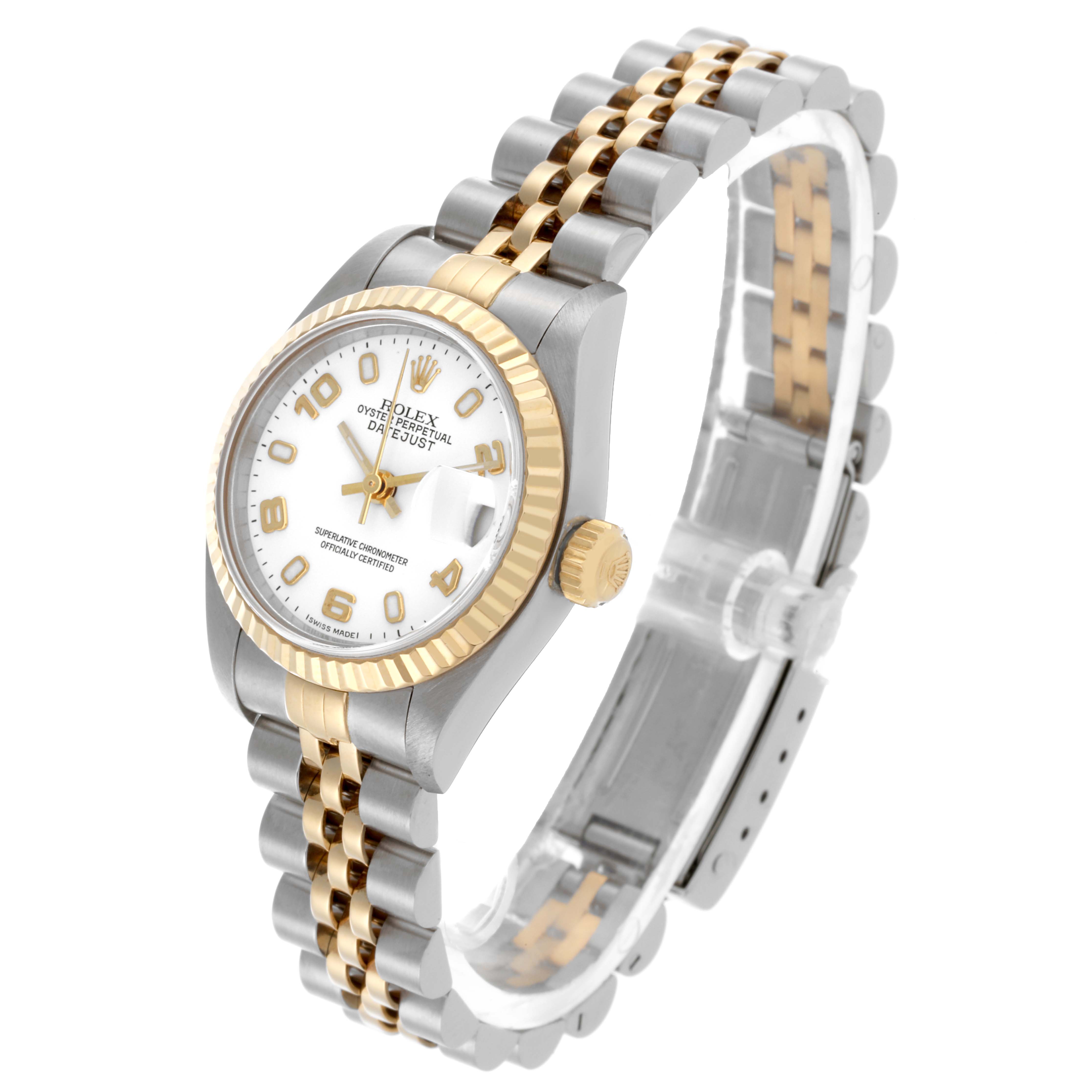 The Rolex Datejust 79173 Women's Steel and Gold (two tone) White Dial 79173 Women's Steel and Gold (two tone) White Dial watch is shown at a three-quarter angle, highlighting the bezel, crown, and bracelet.