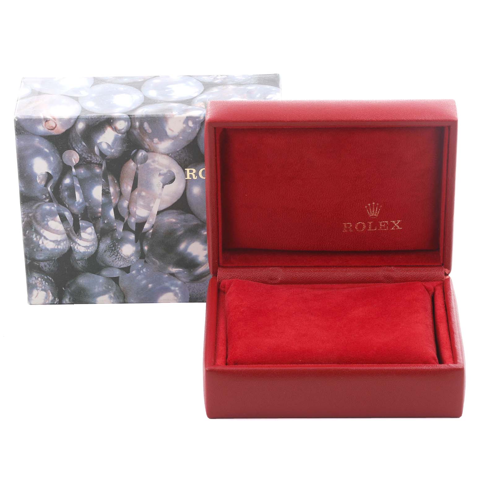 The image shows a Rolex Datejust 79173 Women's Steel and Gold (two tone) White Dial 79173 Women's Steel and Gold (two tone) White Dial watch box and packaging, with the box lid open, revealing a red interior.