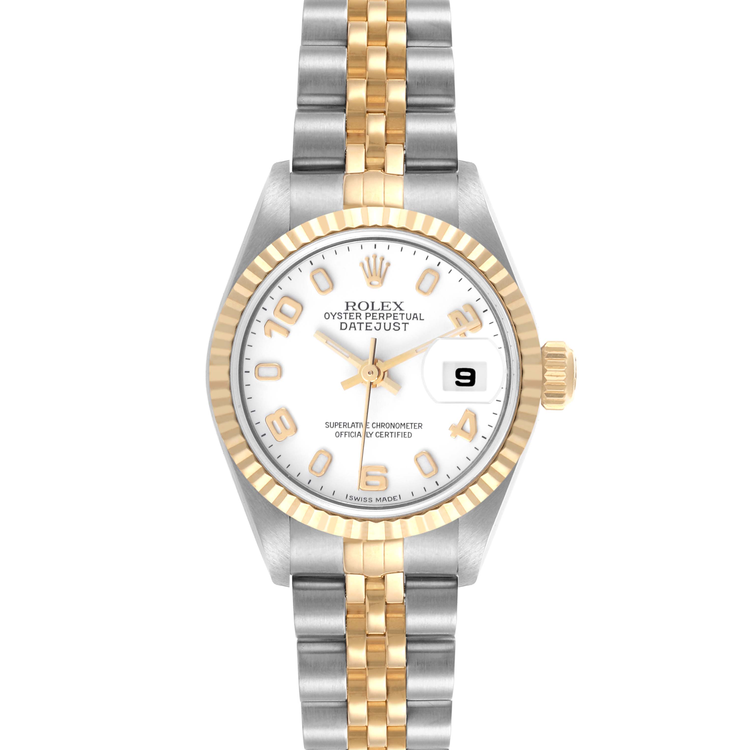 The Rolex Datejust 79173 Women's Steel and Gold (two tone) White Dial 79173 Women's Steel and Gold (two tone) White Dial watch is shown front-facing, displaying the dial, bezel, and bracelet.