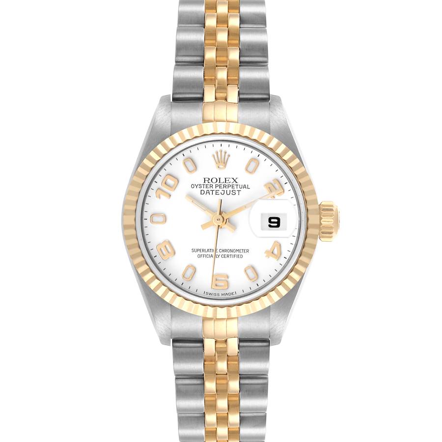 The Rolex Datejust watch is shown front-facing, displaying the dial, bezel, and bracelet.