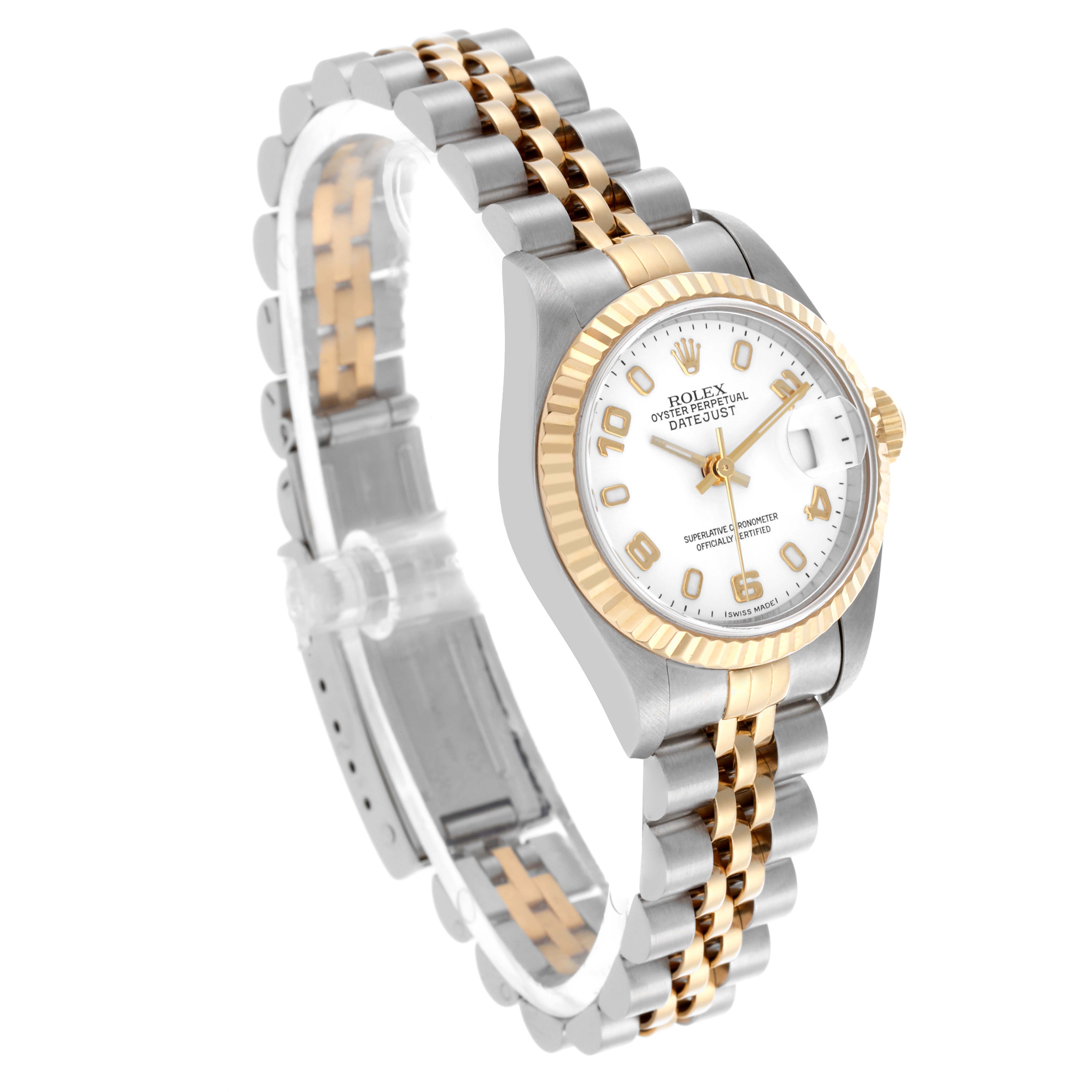 The Rolex Datejust 79173 Women's Steel and Gold (two tone) White Dial 79173 Women's Steel and Gold (two tone) White Dial watch is shown at an angle highlighting the face, bezel, and two-tone bracelet.