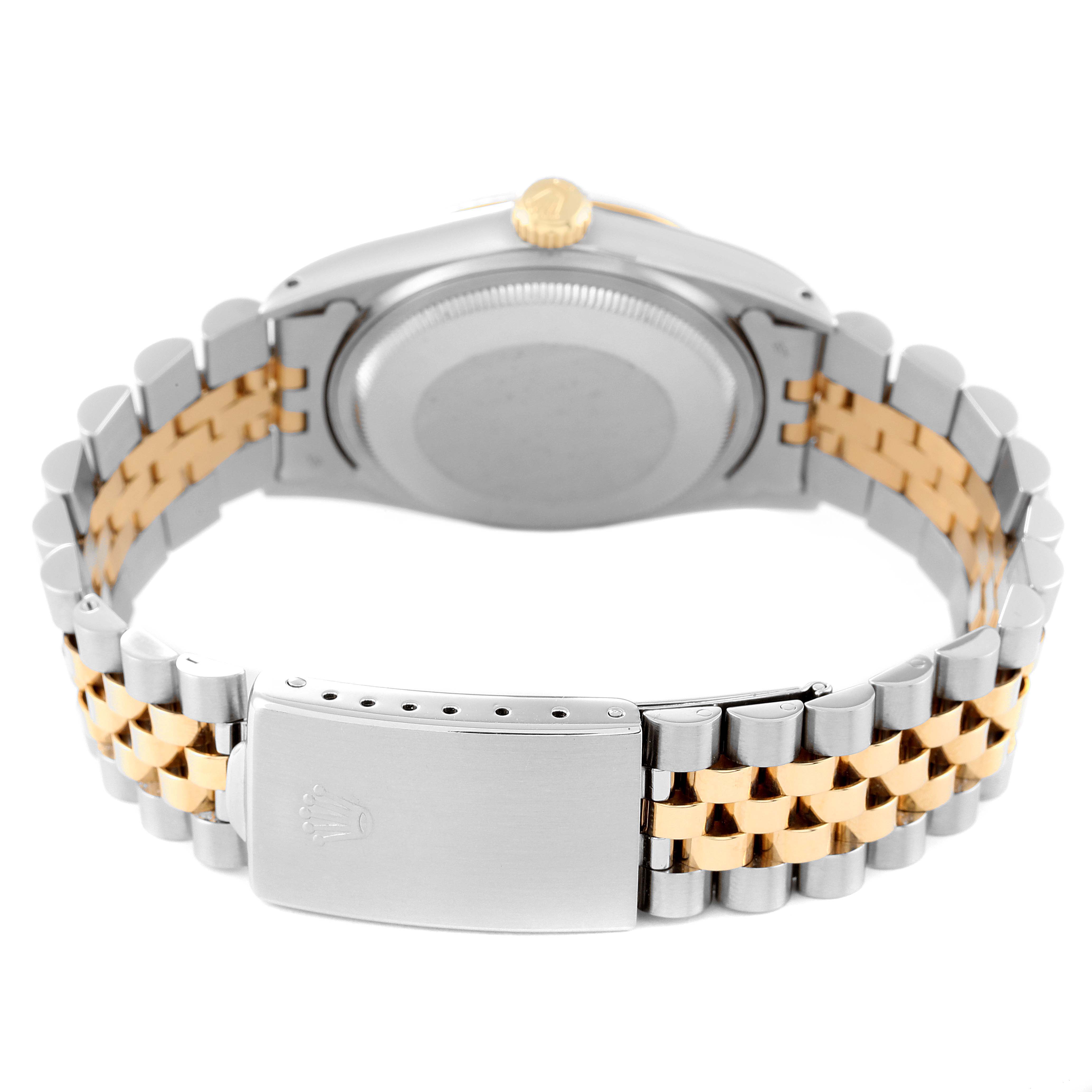 The image shows the back and bracelet of a Rolex Datejust 16013 Men's Steel and Gold (two tone) White Dial 16013 Men's Steel and Gold (two tone) White Dial, highlighting the two-tone Jubilee bracelet and clasp.