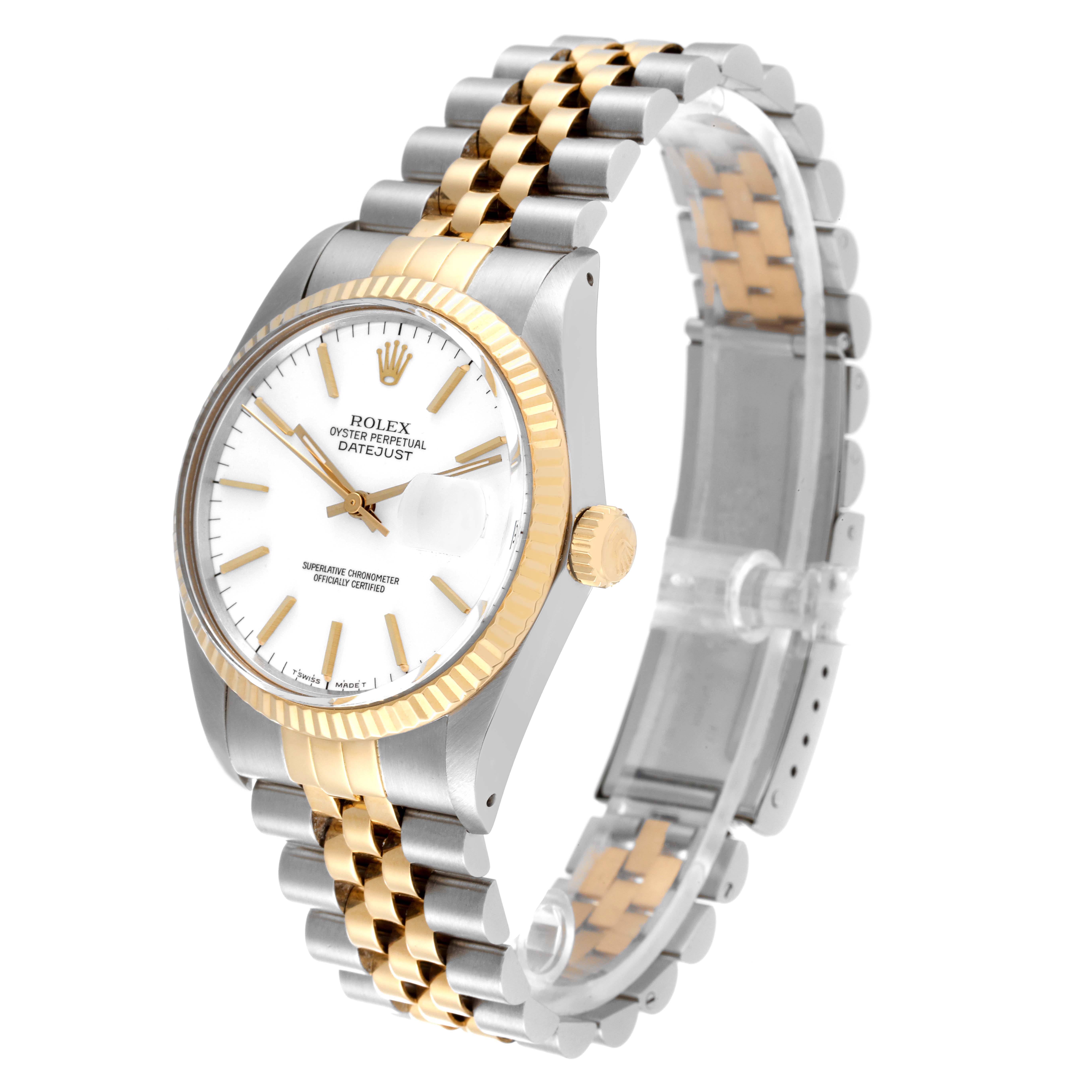 The image shows a Rolex Datejust 16013 Men's Steel and Gold (two tone) White Dial 16013 Men's Steel and Gold (two tone) White Dial watch at an angled view, highlighting its face, fluted bezel, crown, and two-tone bracelet.