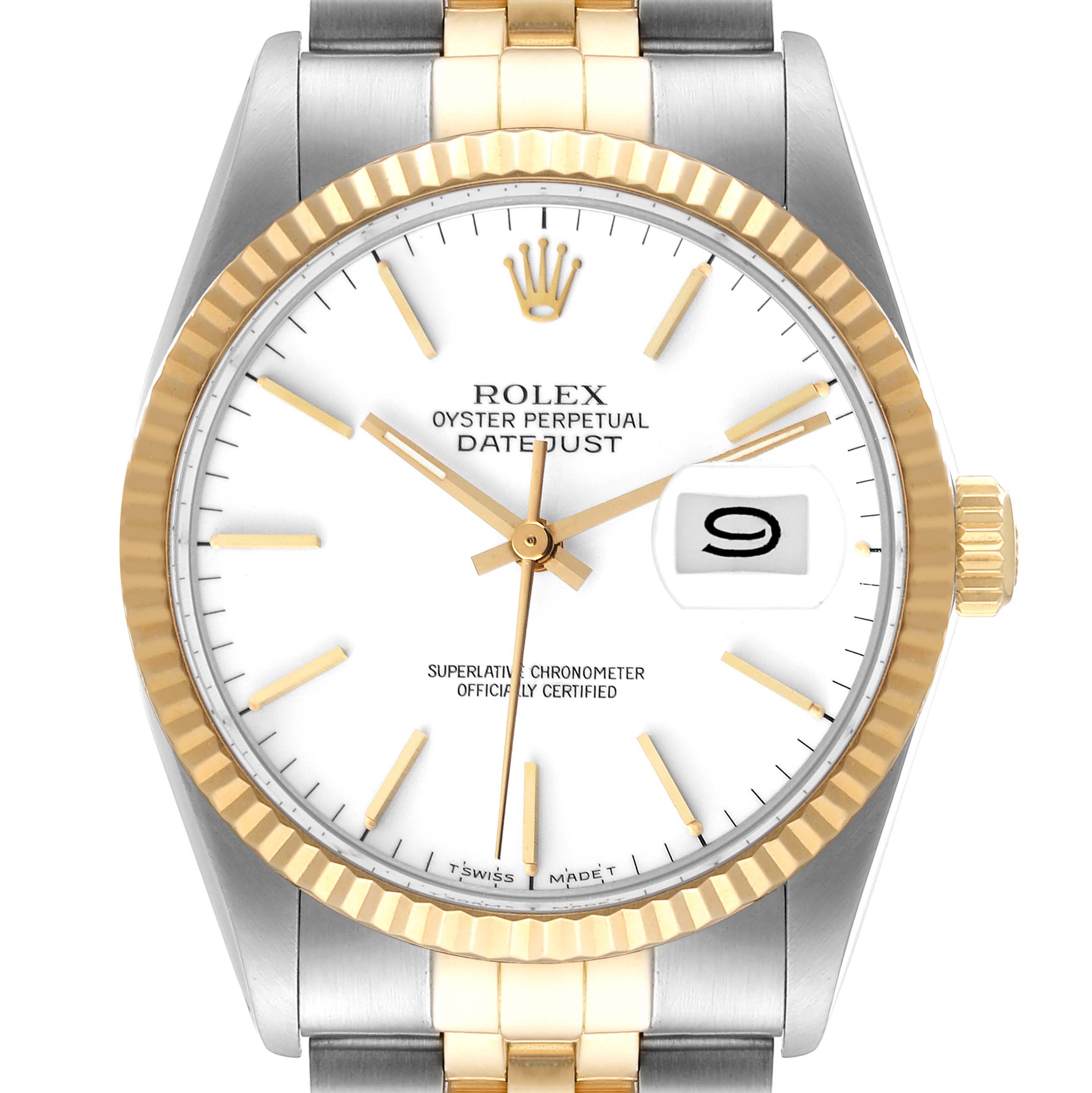 The image shows a frontal view of the Rolex Datejust 16013 Men's Steel and Gold (two tone) White Dial 16013 Men's Steel and Gold (two tone) White Dial watch, featuring a white dial and a two-tone bracelet.