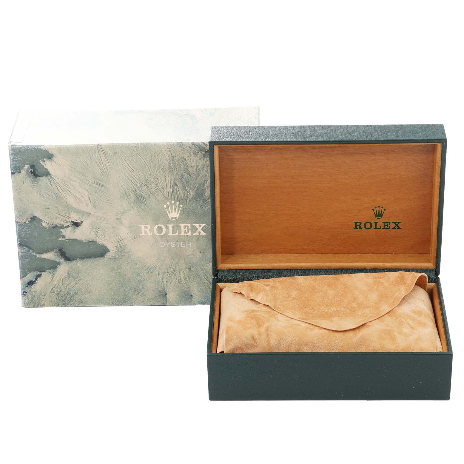 The image shows a Rolex Datejust 16013 Men's Steel and Gold (two tone) White Dial 16013 Men's Steel and Gold (two tone) White Dial watch box and packaging, including the outer box, inner wooden box, and a brown suede cover.