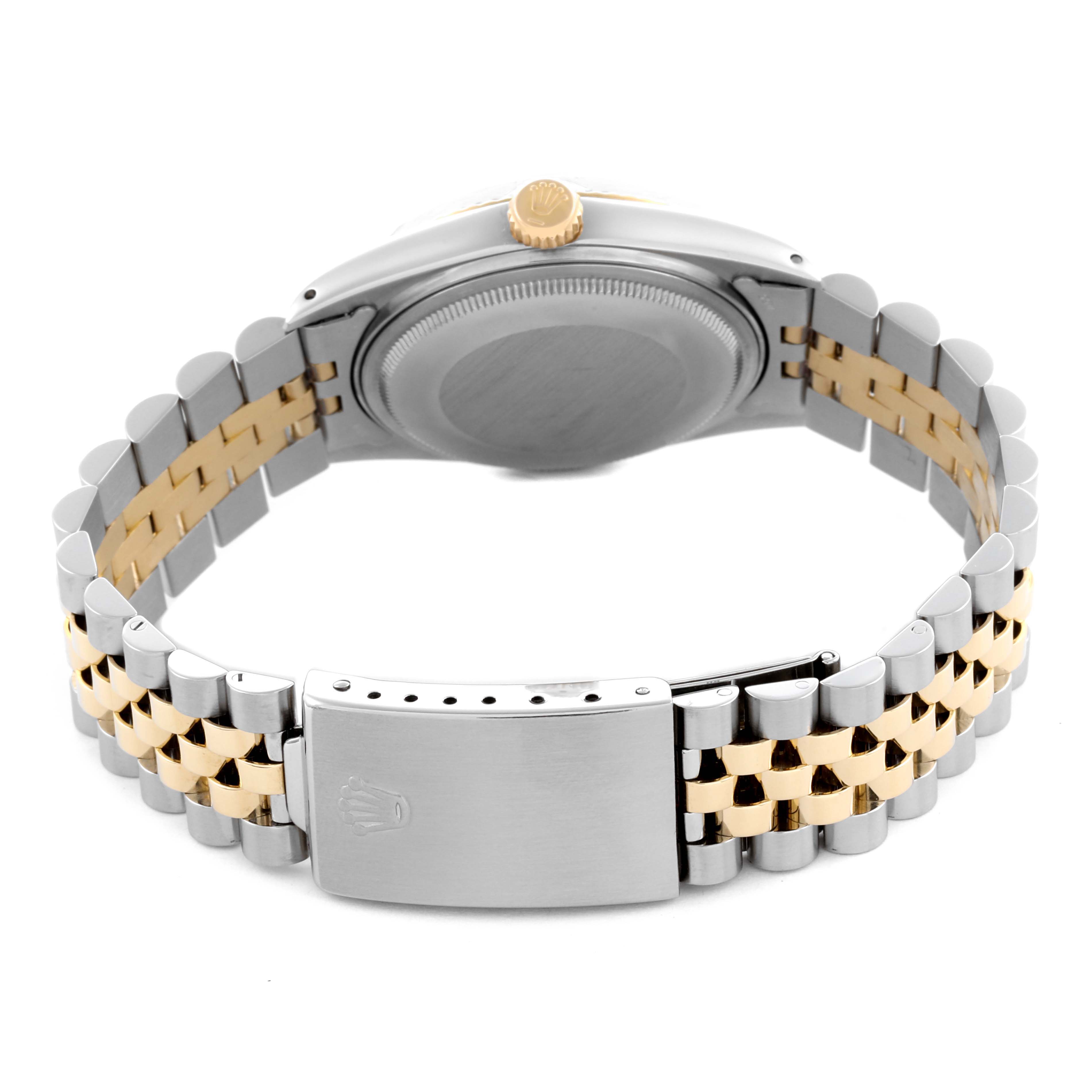 The Rolex Vintage Collection 16013 Men's Steel and Gold (two tone) White Dial 16013 Men's Steel and Gold (two tone) White Dial watch is shown from the back, displaying the clasp, crown, and two-tone bracelet.