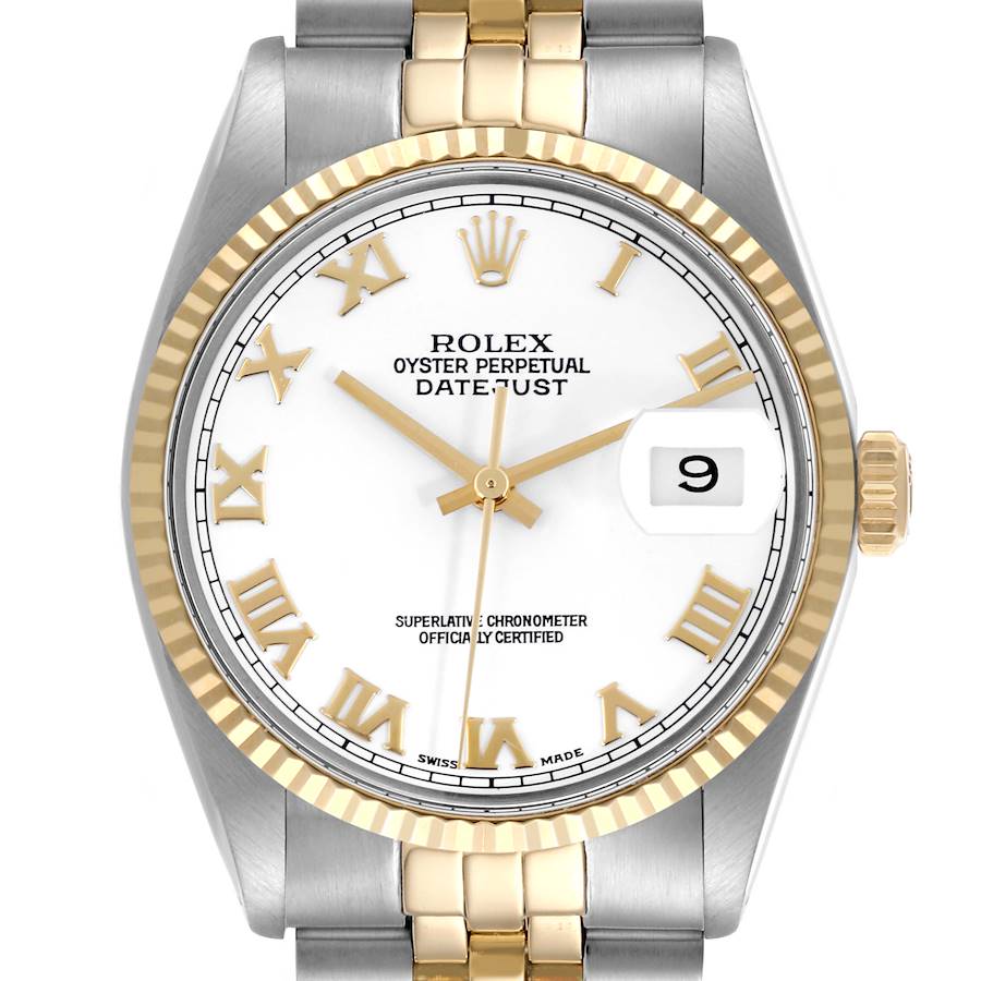 The Rolex Vintage Collection model watch is shown from a front angle, displaying the dial, bezel, crown, and part of the bracelet.