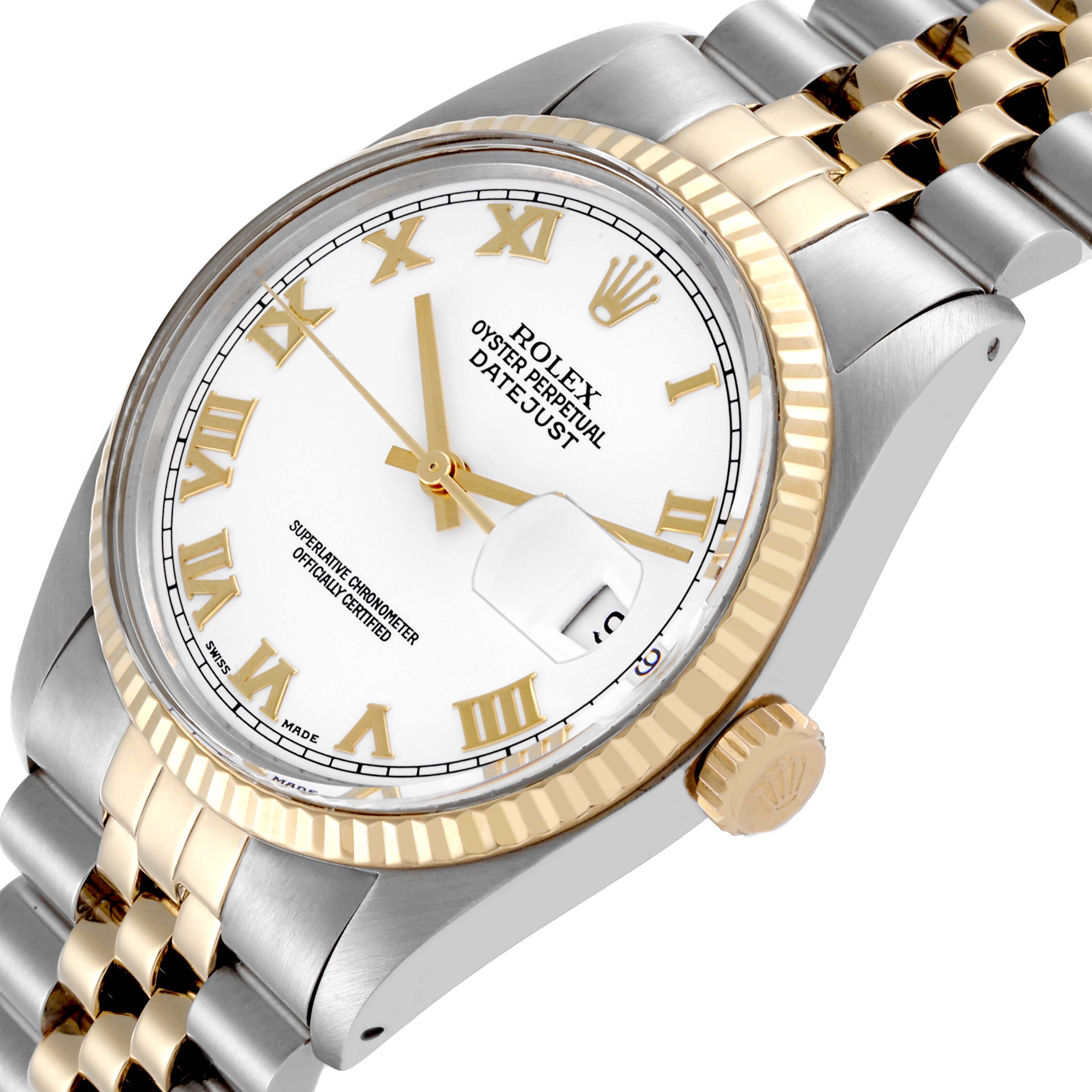 The Rolex Vintage Collection 16013 Men's Steel and Gold (two tone) White Dial 16013 Men's Steel and Gold (two tone) White Dial watch shows a close-up of the dial, bezel, crown, and part of the bracelet at a slight angle.
