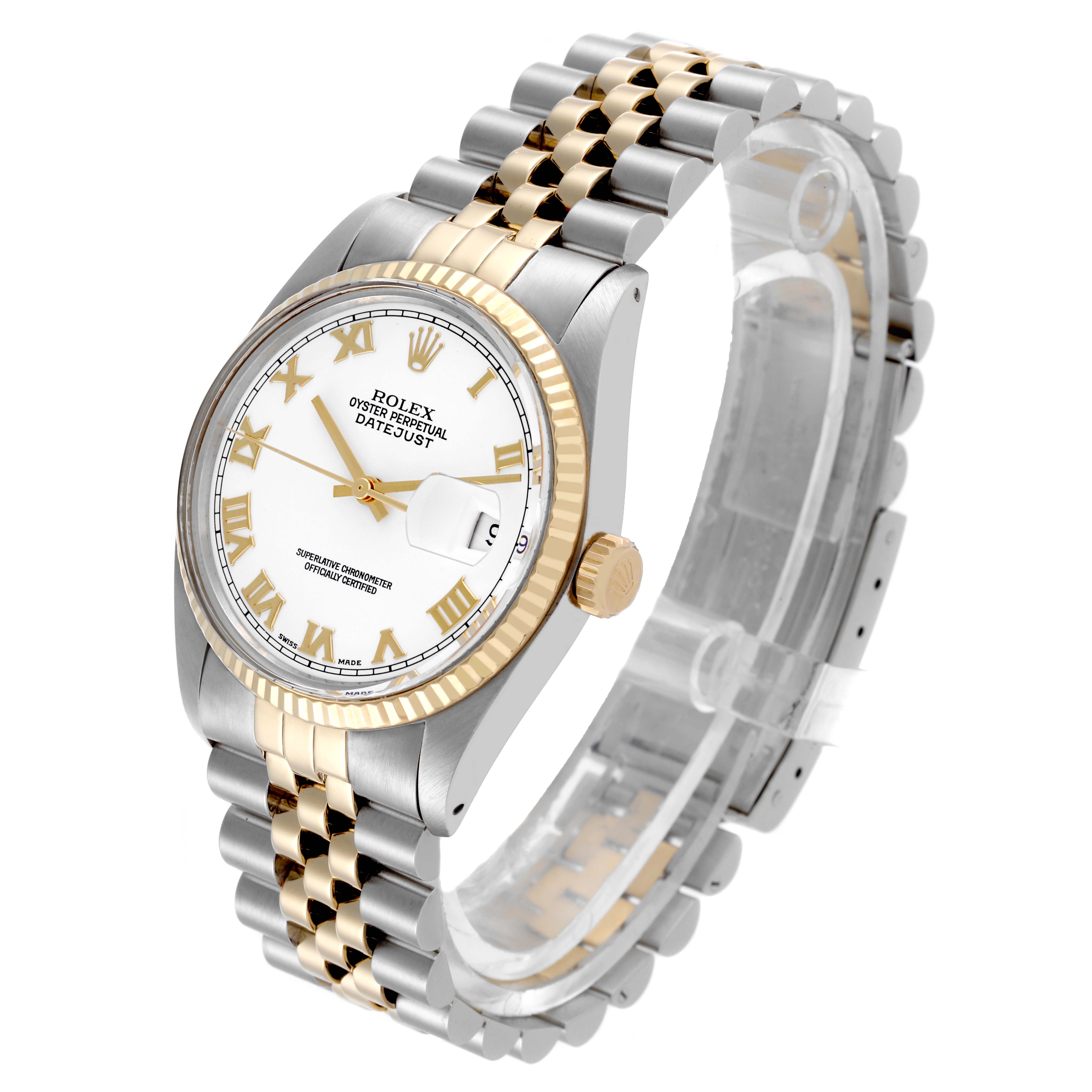 The Rolex Vintage Collection 16013 Men's Steel and Gold (two tone) White Dial 16013 Men's Steel and Gold (two tone) White Dial model is shown at a slight angle, displaying the face, bezel, crown, and jubilee bracelet.