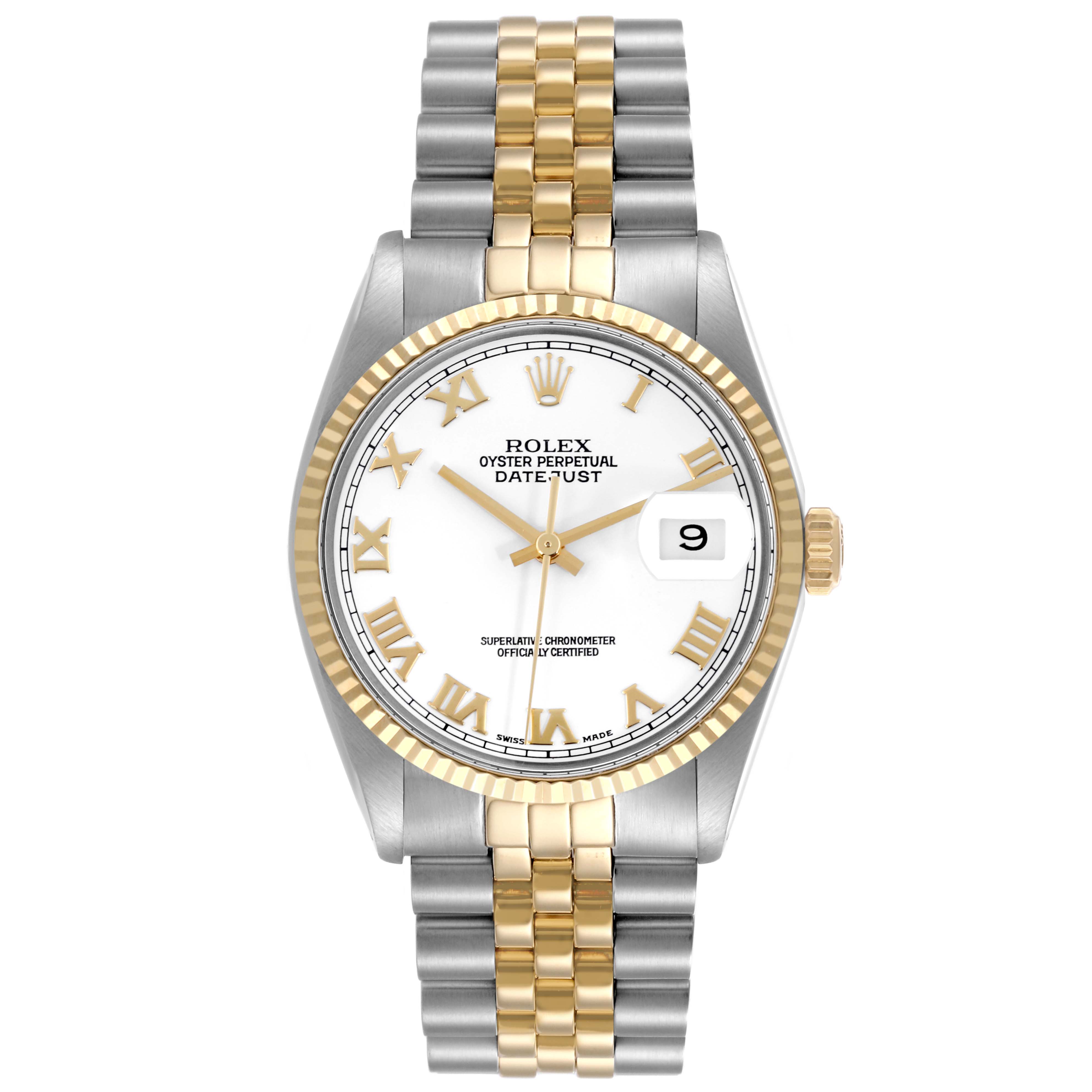 The Rolex Vintage Collection 16013 Men's Steel and Gold (two tone) White Dial 16013 Men's Steel and Gold (two tone) White Dial watch is shown from a front angle, displaying its dial, bezel, and bracelet.