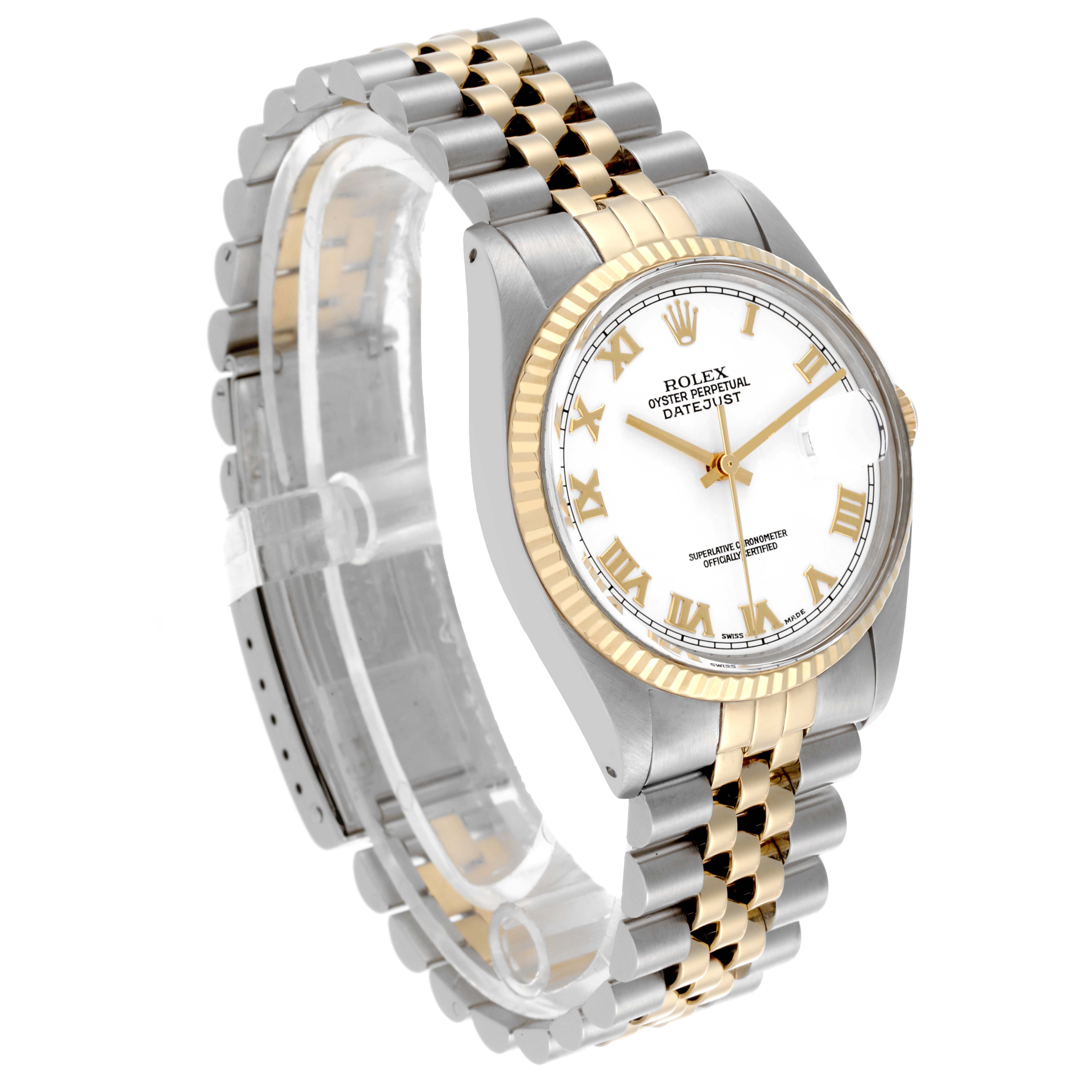The Rolex Vintage Collection 16013 Men's Steel and Gold (two tone) White Dial 16013 Men's Steel and Gold (two tone) White Dial watch shows a two-tone bracelet, fluted bezel, and white dial with Roman numerals at a slight angle.