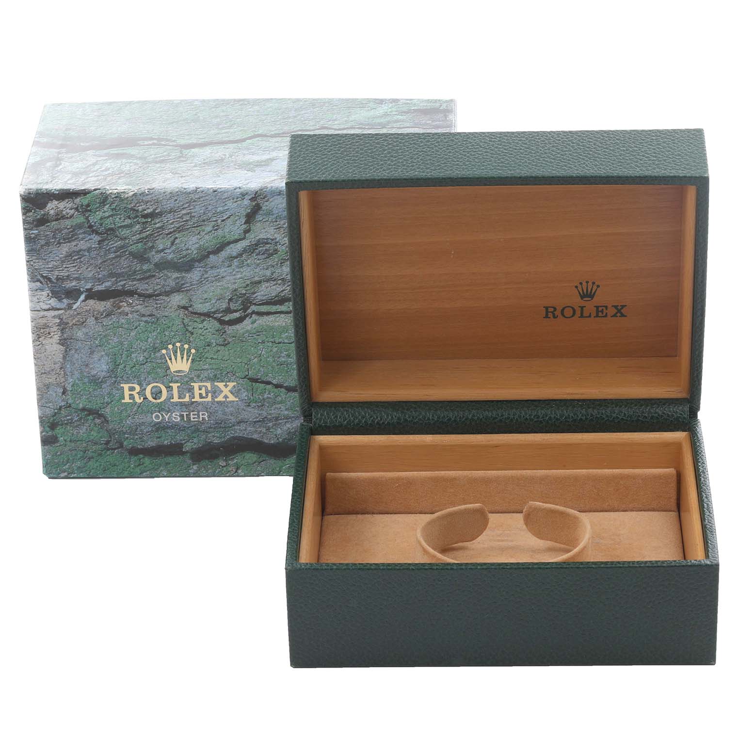 The image shows a Rolex Vintage Collection 16013 Men's Steel and Gold (two tone) White Dial 16013 Men's Steel and Gold (two tone) White Dial watch box open, viewed from the front, with the inner cushion and packaging visible.