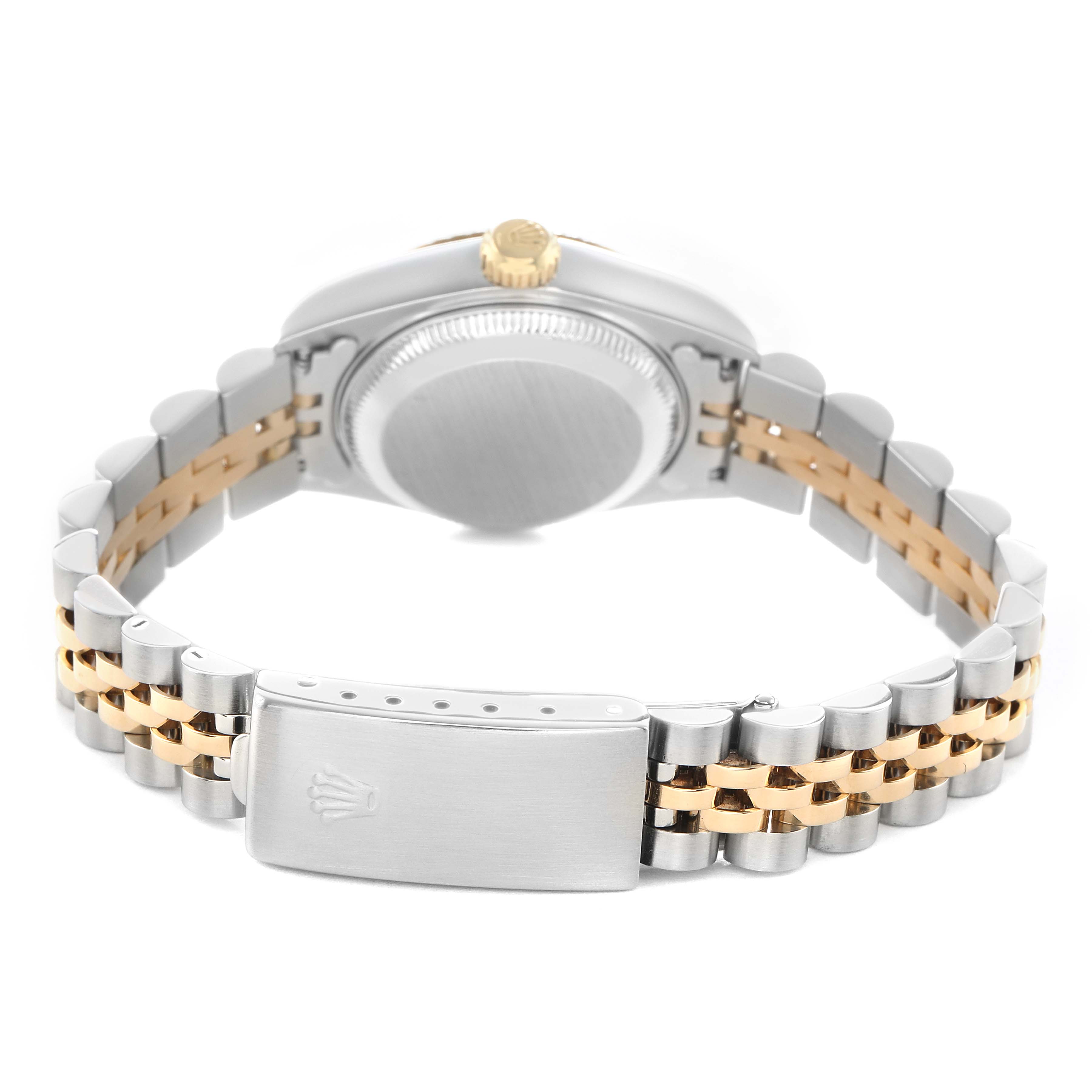 The Rolex Datejust 79173 Women's Steel and Gold (two tone) White Dial is shown from the backside, highlighting the clasp, bracelet, and case back.