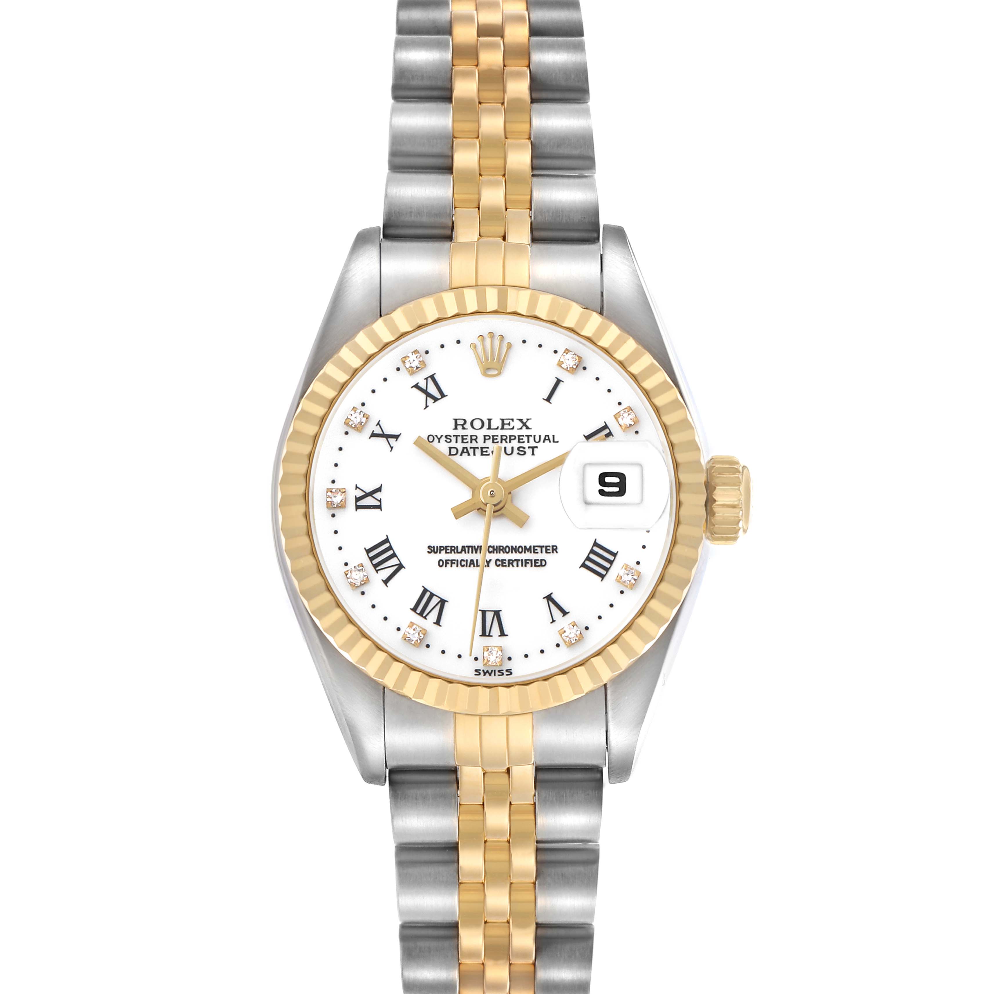 The image shows a front view of a Rolex Datejust 79173 Women's Steel and Gold (two tone) White Dial watch, highlighting the dial, bezel, and two-tone bracelet.