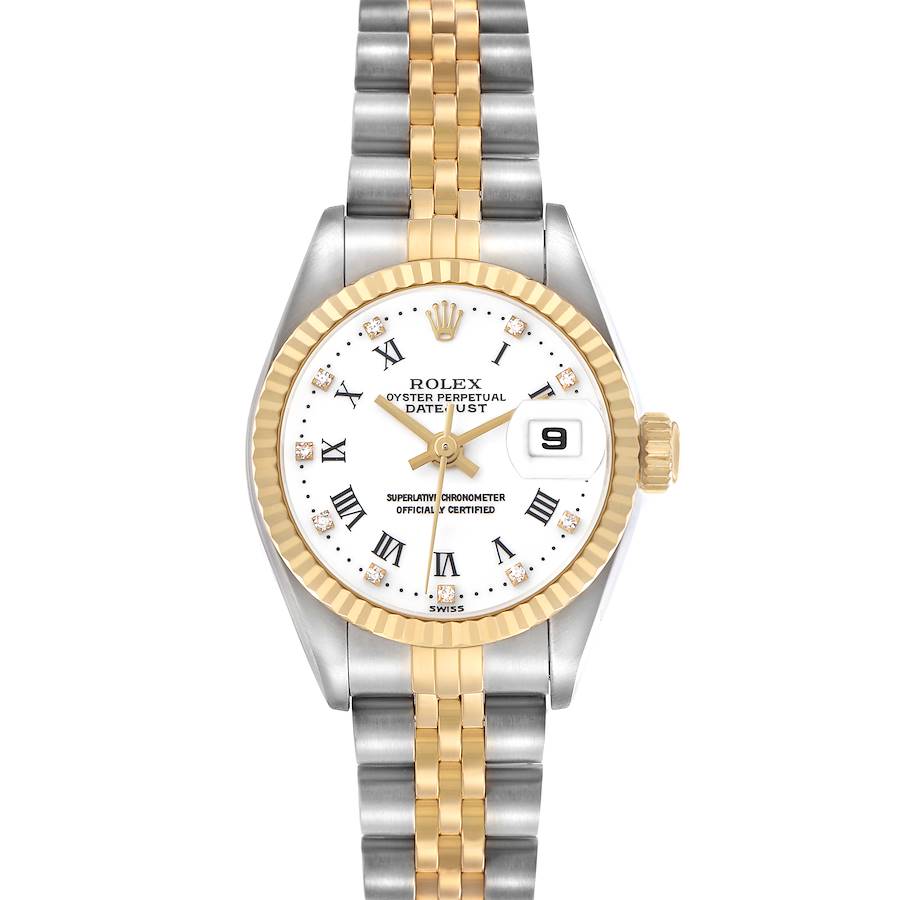 The image shows a front view of a Rolex Datejust 79173 Women's Steel and Gold (two tone) White Dial watch, highlighting the dial, bezel, and two-tone bracelet.