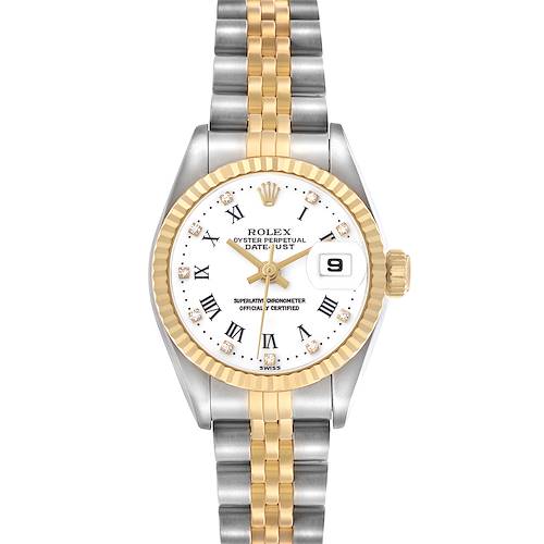The Rolex Datejust 79173 Women's Steel and Gold (two tone) White Dial watch is shown from a front view highlighting the dial, fluted bezel, and jubilee bracelet.