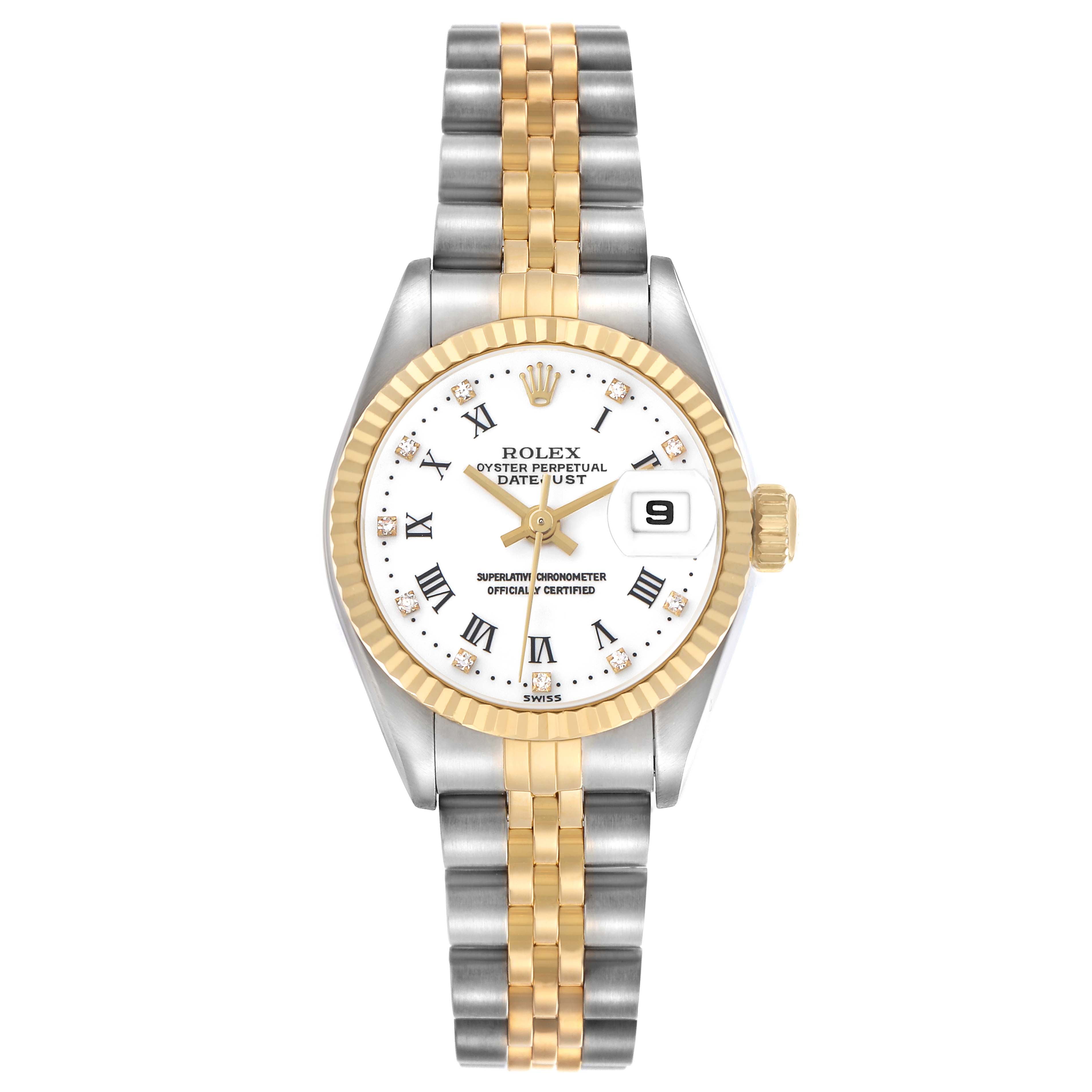 The Rolex Datejust 79173 Women's Steel and Gold (two tone) White Dial watch is shown from a top-down angle, displaying the dial, bezel, crown, and the Jubilee bracelet.