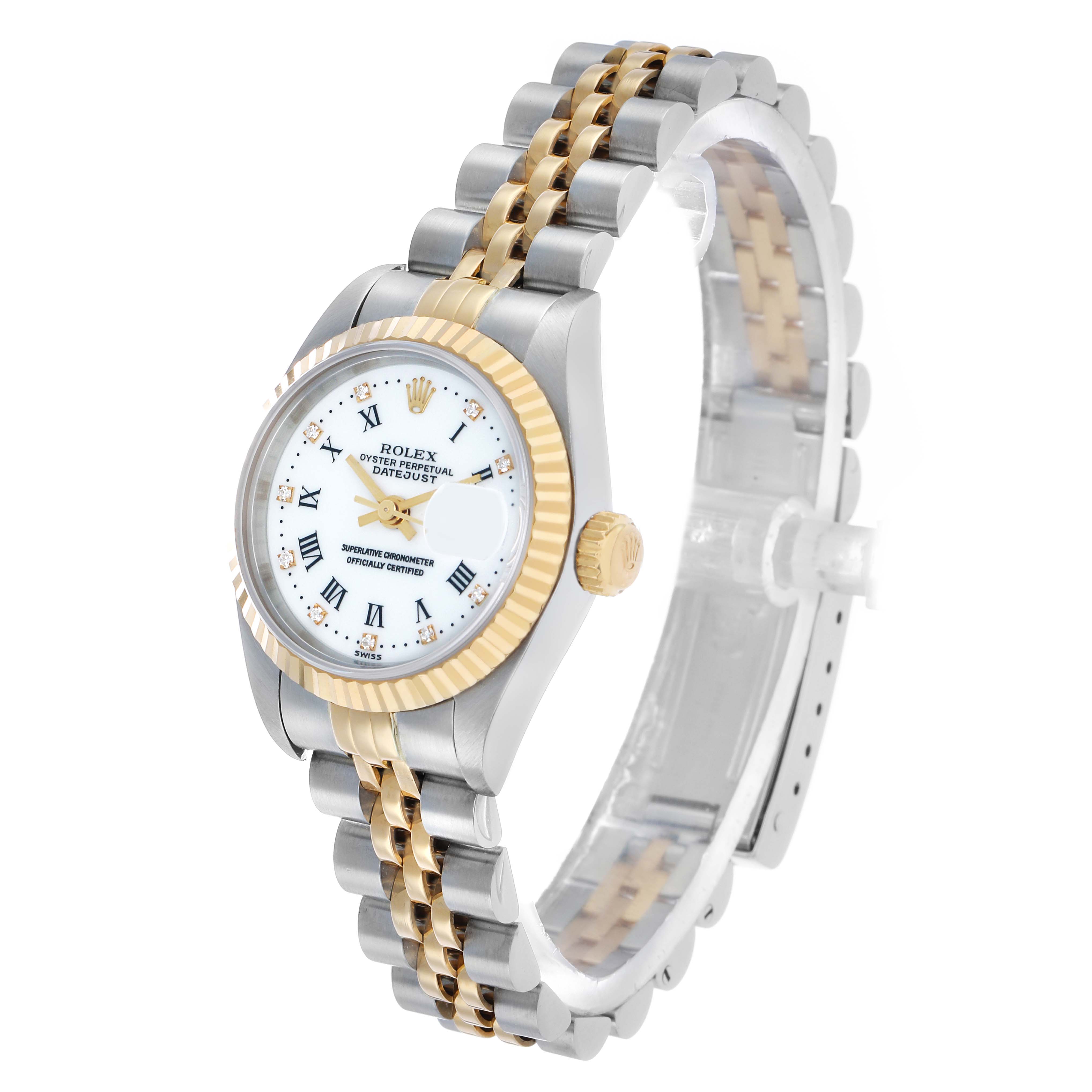 The Rolex Datejust 79173 Women's Steel and Gold (two tone) White Dial watch is shown at a tilted angle, highlighting the two-tone bracelet, fluted bezel, and white dial.