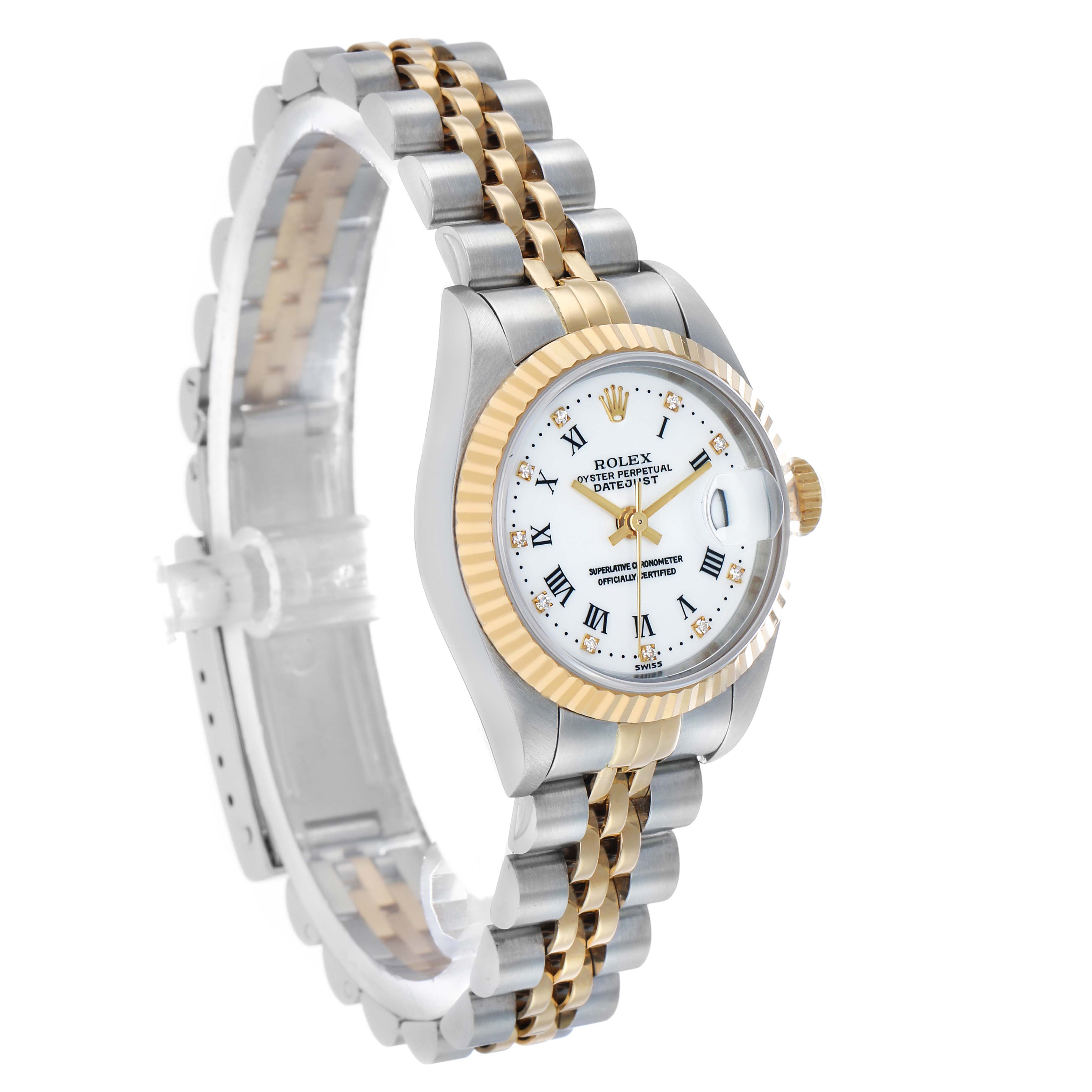 The Rolex Datejust 79173 Women's Steel and Gold (two tone) White Dial watch is shown at a three-quarter angle, highlighting the face, bezel, and Jubilee bracelet.