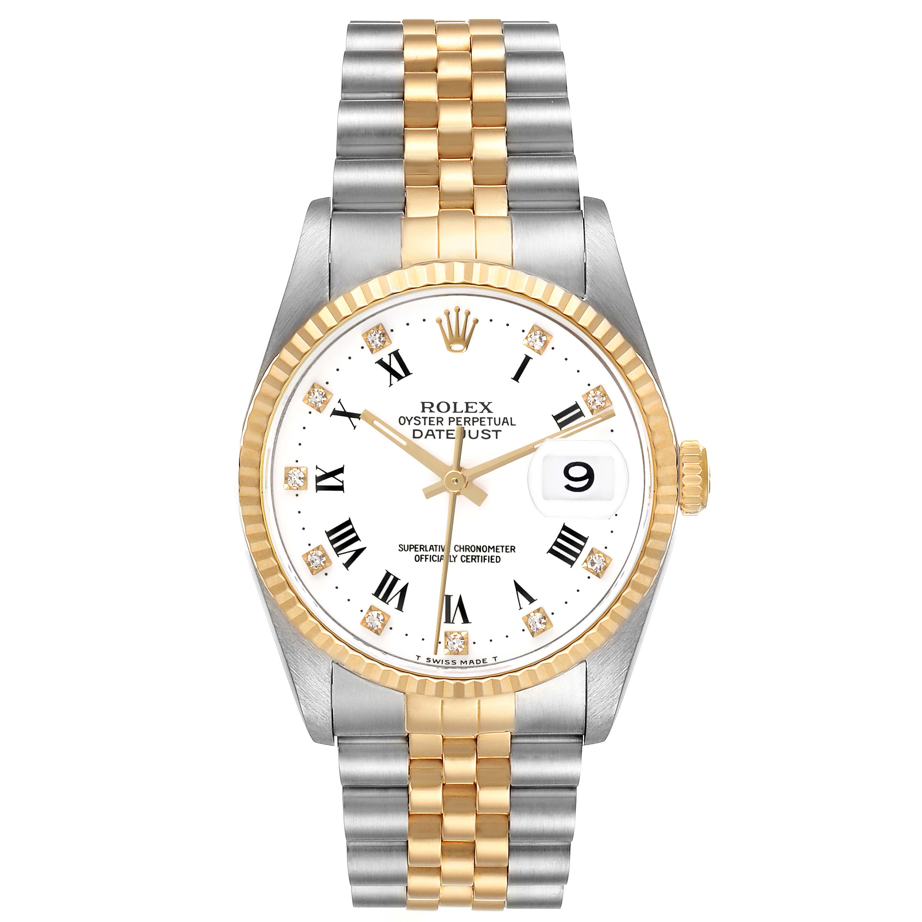 The Rolex Datejust 16233 Men's Steel and Gold (two tone) White Dial 16233 Men's Steel and Gold (two tone) White Dial watch is shown from the front, displaying the face, bezel, and two-tone bracelet.