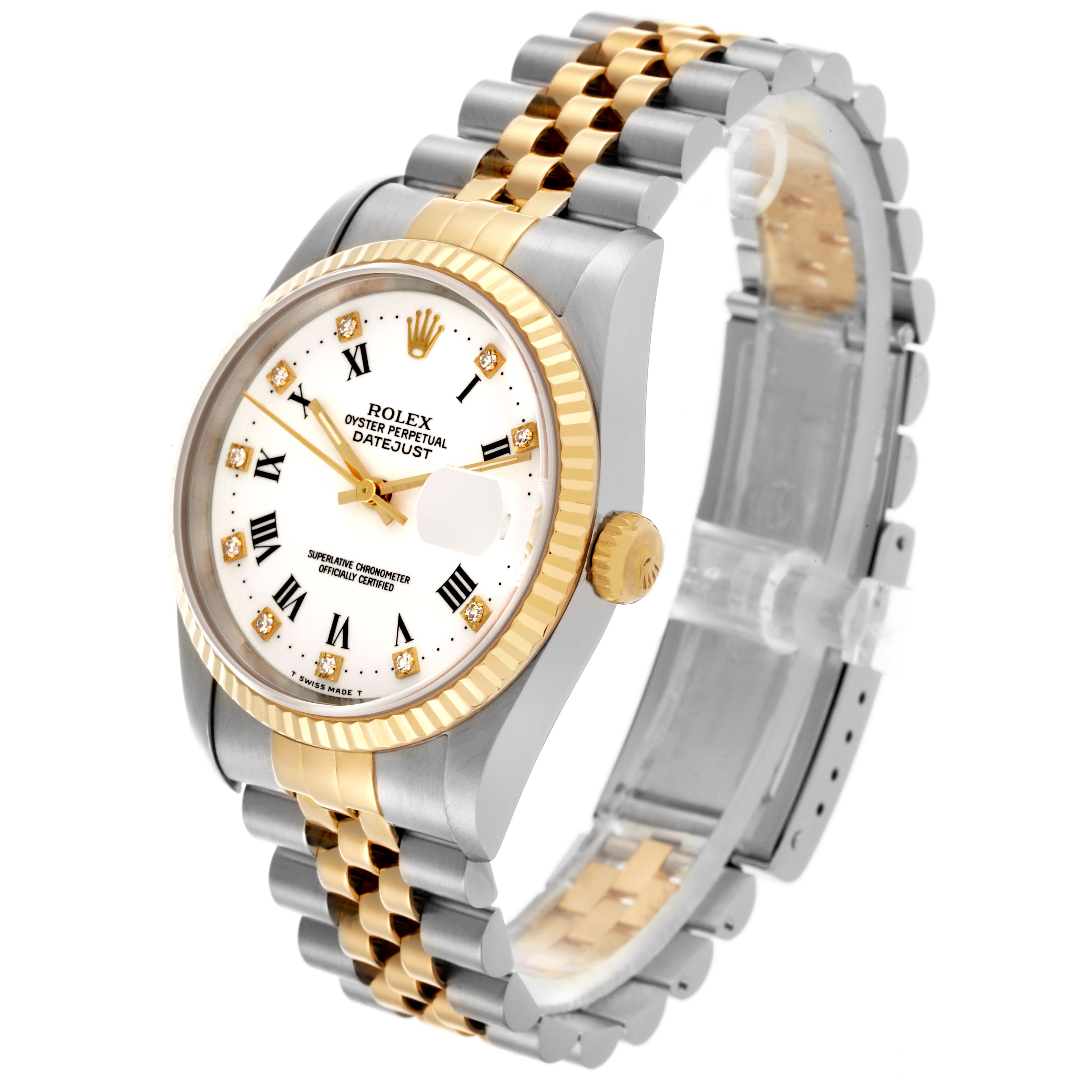 The Rolex Datejust 16233 Men's Steel and Gold (two tone) White Dial 16233 Men's Steel and Gold (two tone) White Dial watch is shown at a three-quarter angle, displaying its face, bezel, crown, and bracelet.
