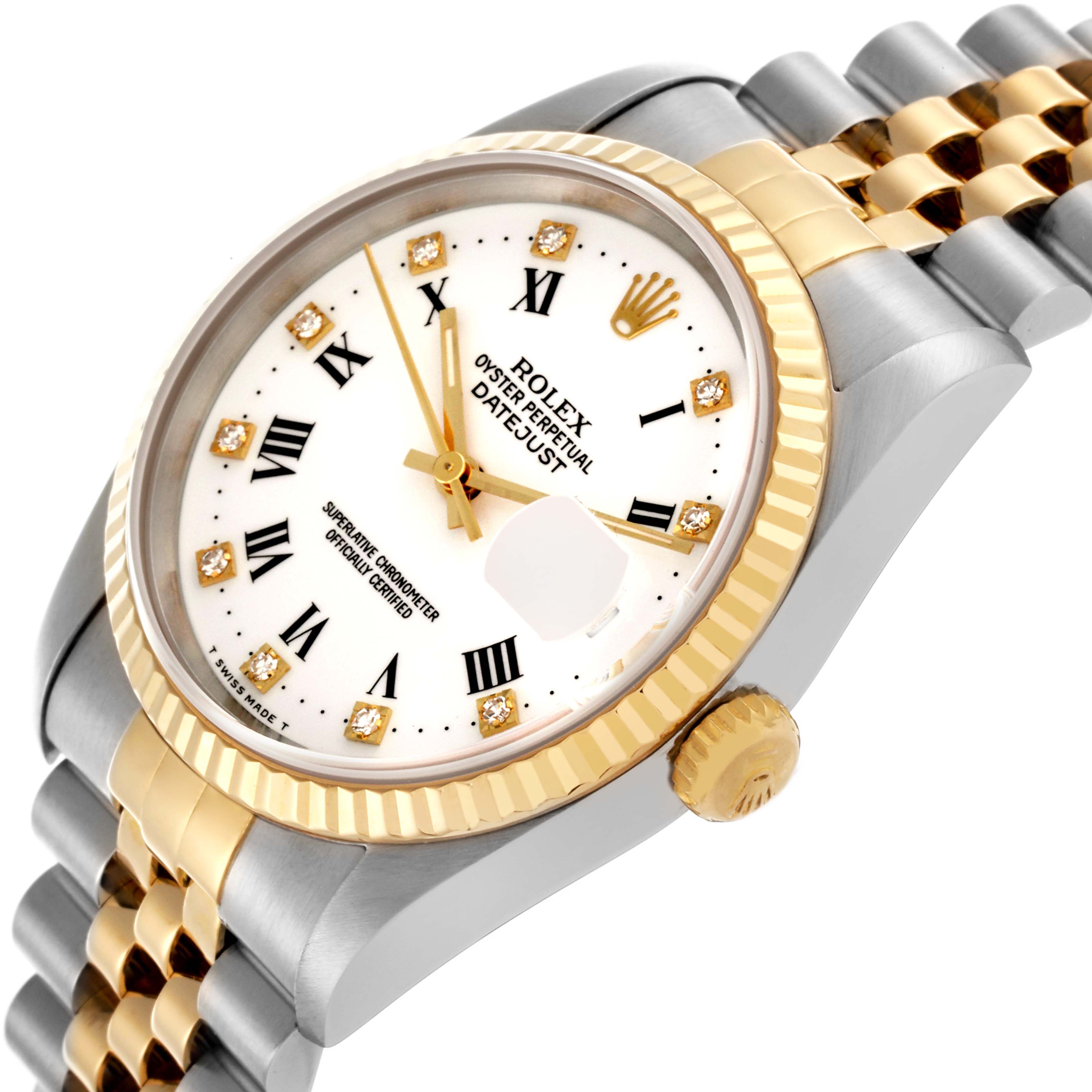 The Rolex Datejust 16233 Men's Steel and Gold (two tone) White Dial 16233 Men's Steel and Gold (two tone) White Dial watch is shown from an angled top view, highlighting the face, bezel, and part of the bracelet.