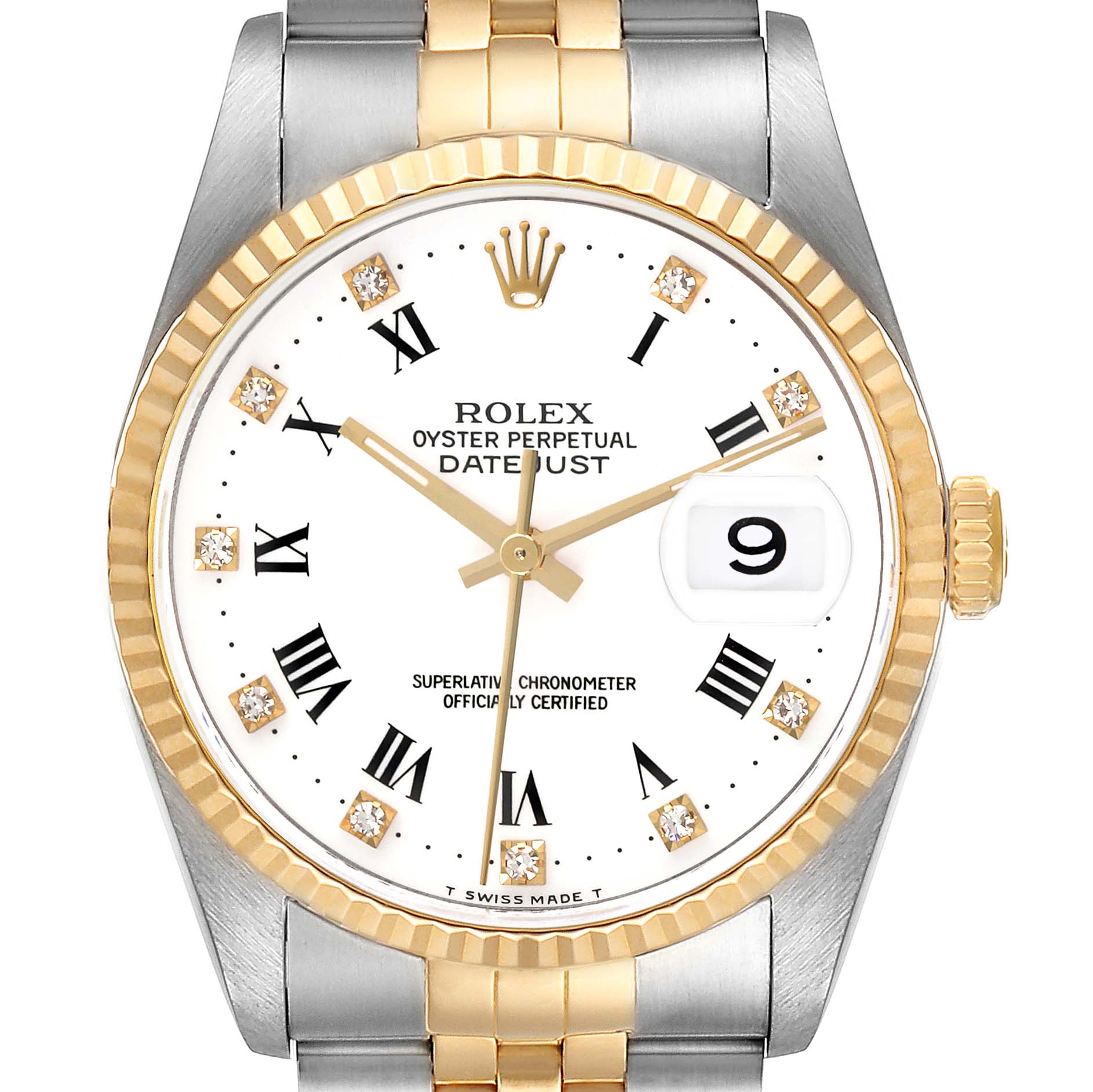 The Rolex Datejust 16233 Men's Steel and Gold (two tone) White Dial 16233 Men's Steel and Gold (two tone) White Dial watch is shown from a front angle, displaying the face, bezel, crown, and part of the bracelet.
