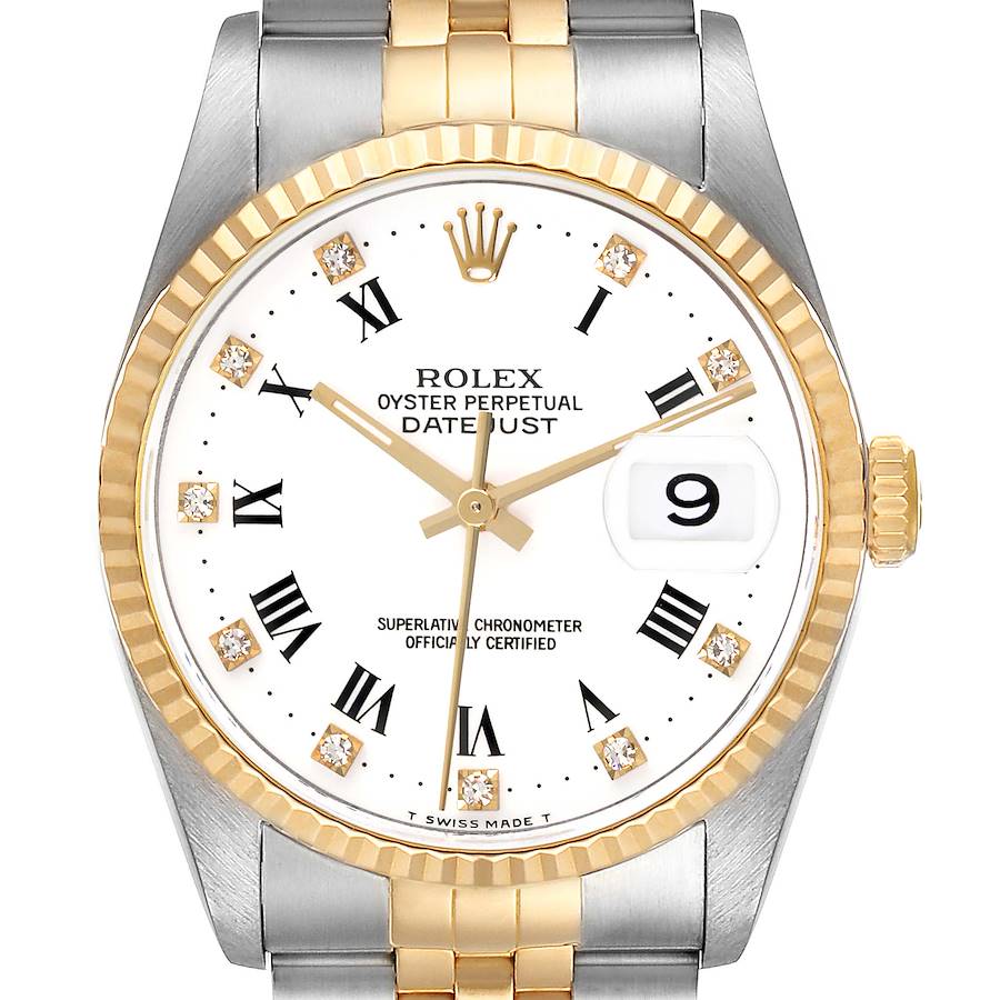 The Rolex Datejust watch is shown from a front angle, displaying the face, bezel, crown, and part of the bracelet.