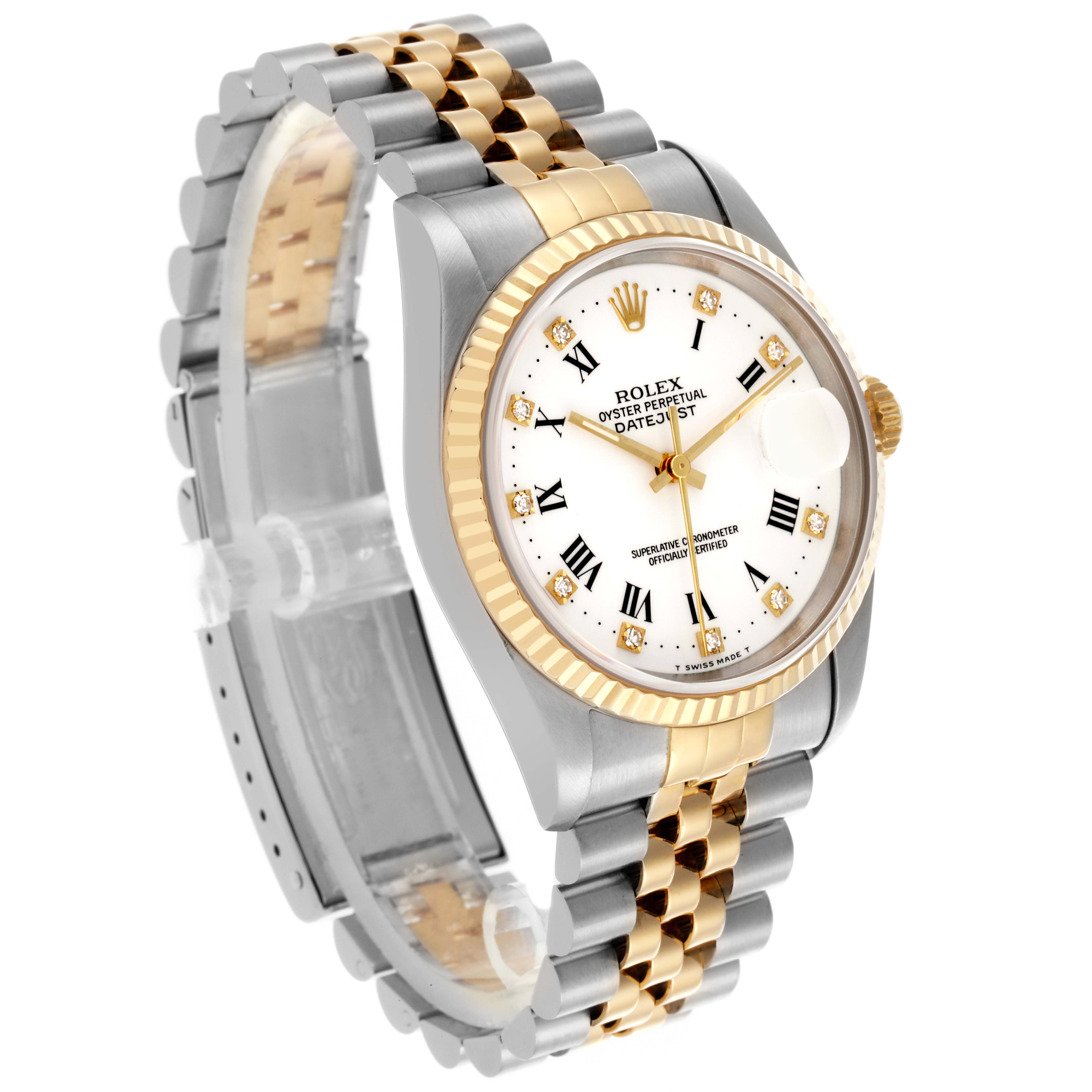 The Rolex Datejust 16233 Men's Steel and Gold (two tone) White Dial 16233 Men's Steel and Gold (two tone) White Dial watch is shown at a three-quarter angle, highlighting the face, bezel, and two-tone bracelet.