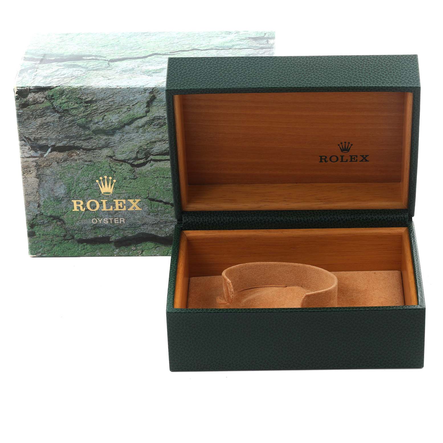 The image shows a Rolex Datejust 16233 Men's Steel and Gold (two tone) White Dial 16233 Men's Steel and Gold (two tone) White Dial watch box, open, displaying its interior and outer packaging.