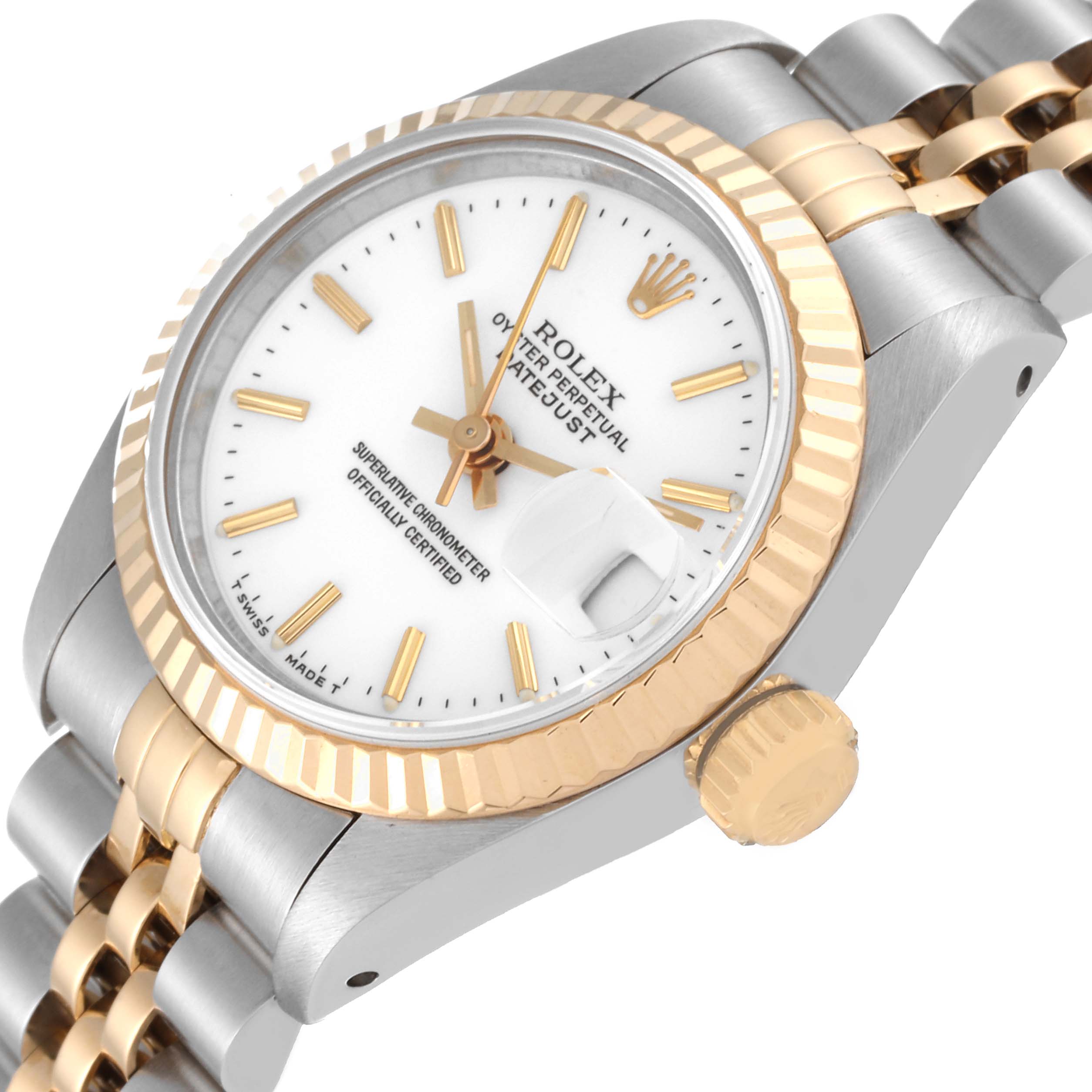The Rolex Datejust 69173 Women's Steel and Gold (two tone) White Dial 69173 Women's Steel and Gold (two tone) White Dial watch is shown at a three-quarter angle, displaying the dial, crown, bezel, and part of the bracelet.