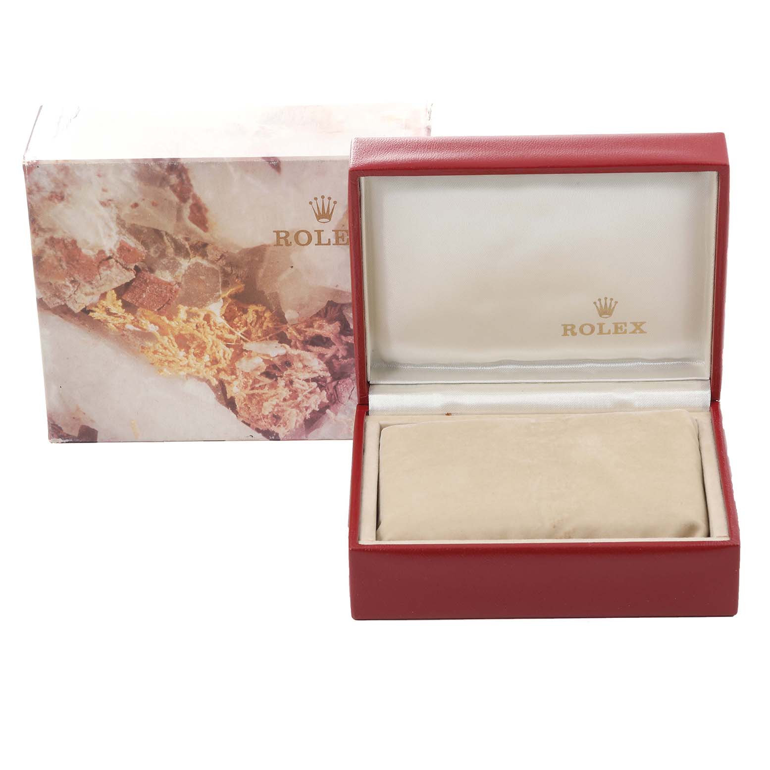 The image shows a red Rolex Datejust 69173 Women's Steel and Gold (two tone) White Dial 69173 Women's Steel and Gold (two tone) White Dial watch box with its lid open and the outer packaging in the background.