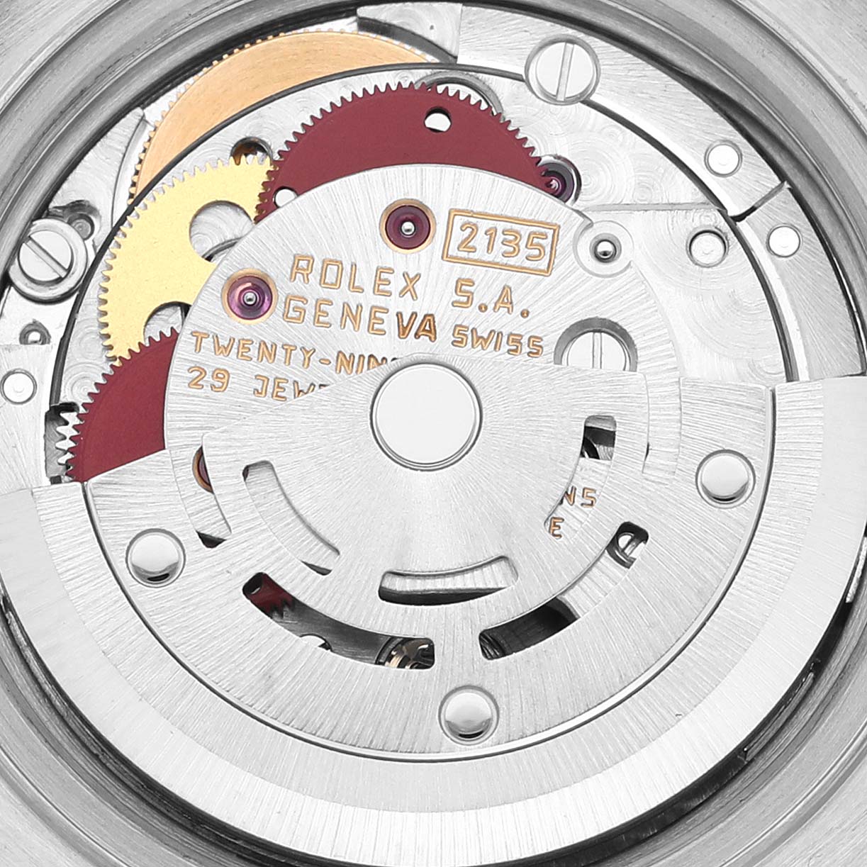 This image shows a close-up of the internal mechanism and gears of the Rolex Datejust 69173 Women's Steel and Gold (two tone) White Dial 69173 Women's Steel and Gold (two tone) White Dial watch model.
