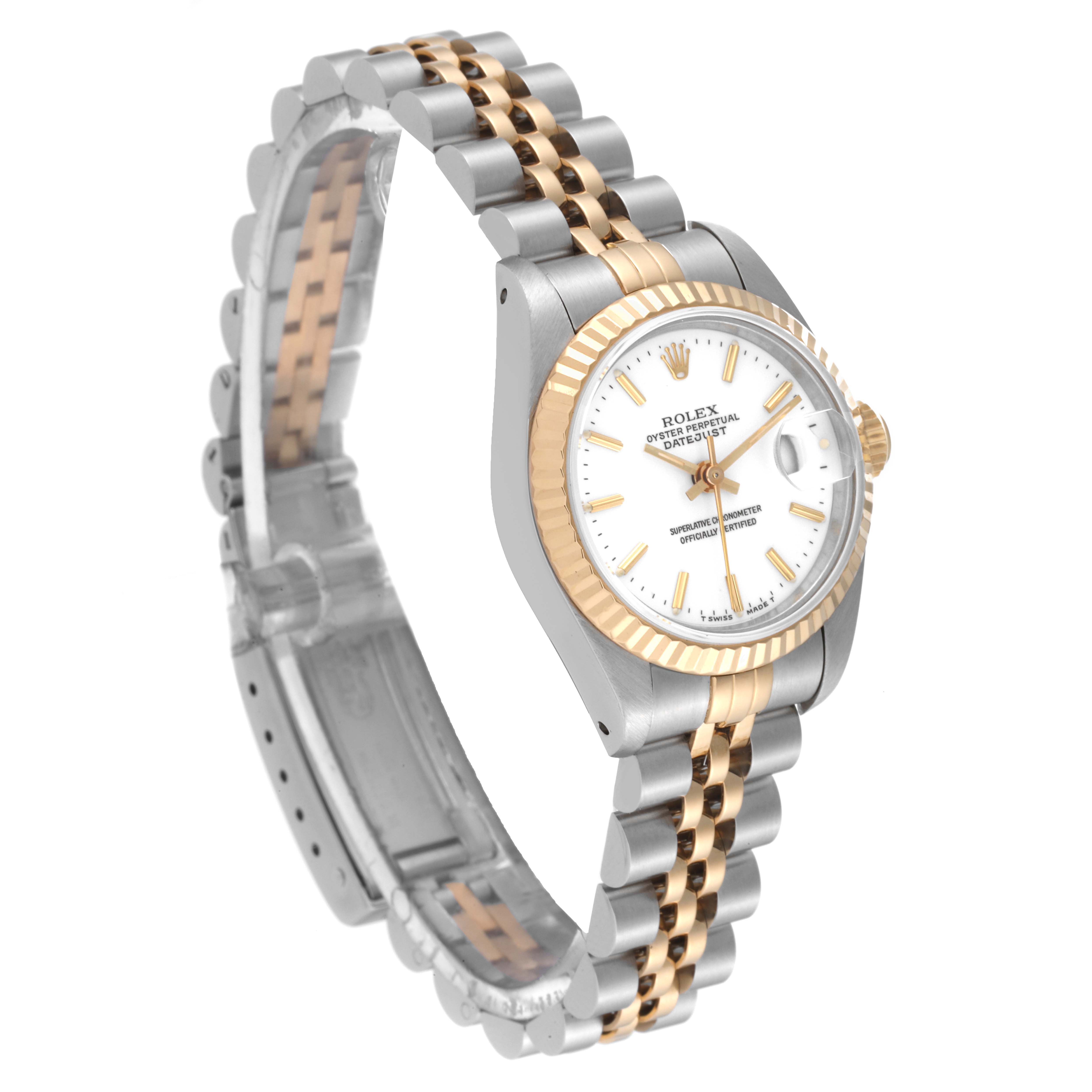 The image displays a Rolex Datejust 69173 Women's Steel and Gold (two tone) White Dial 69173 Women's Steel and Gold (two tone) White Dial watch at a three-quarter angle, showing the face, bezel, and two-tone bracelet.