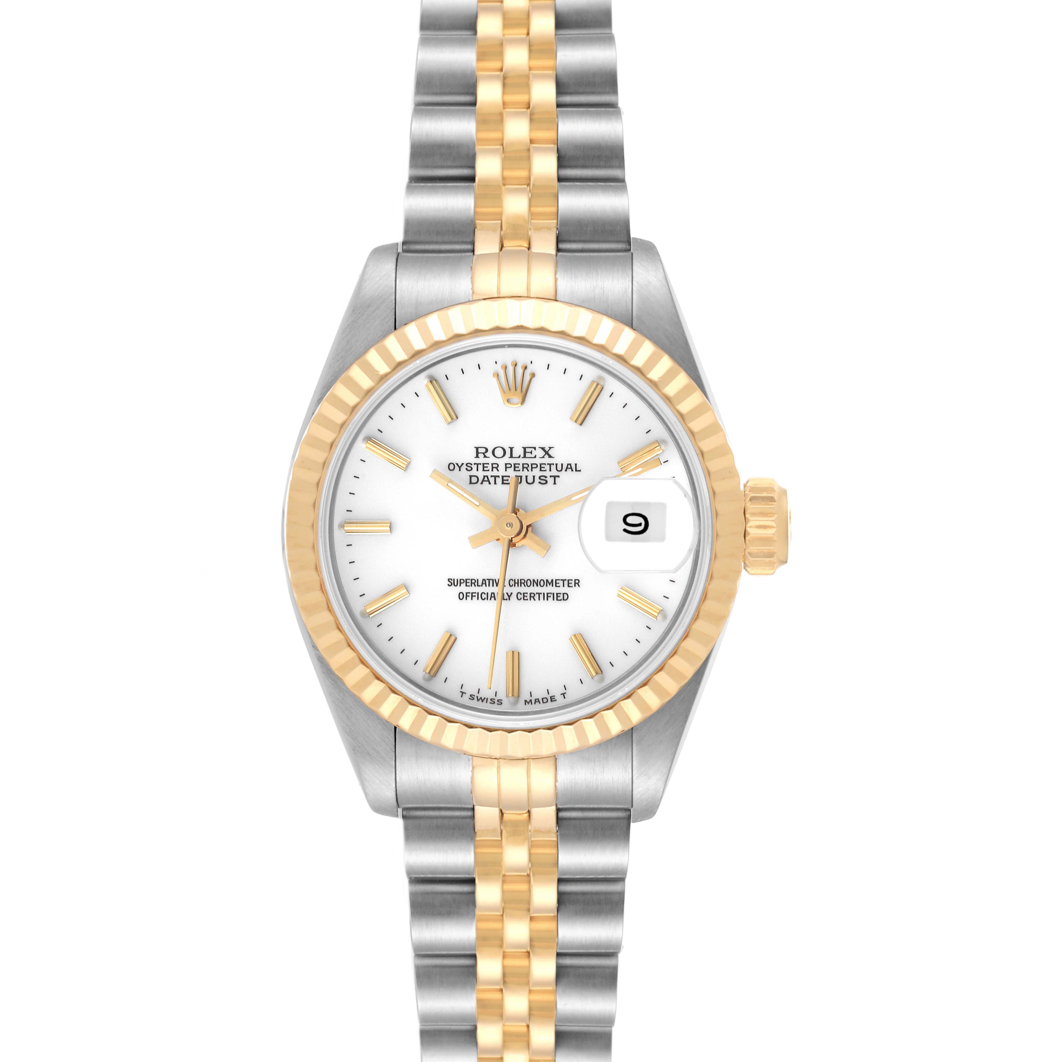 This image shows a front view of a Rolex Datejust 69173 Women's Steel and Gold (two tone) White Dial 69173 Women's Steel and Gold (two tone) White Dial watch, highlighting the face, bezel, crown, and bracelet.