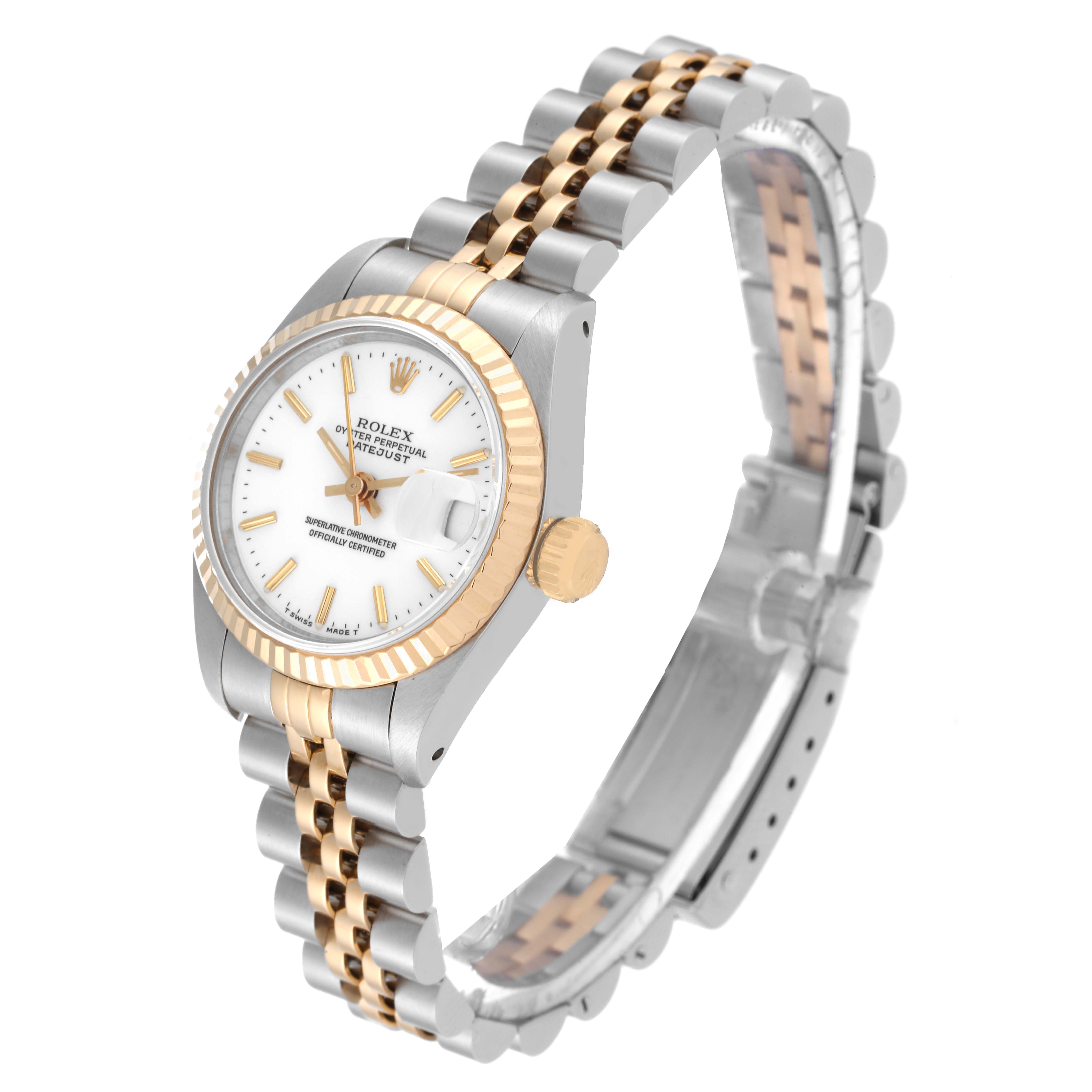 The image shows a Rolex Datejust 69173 Women's Steel and Gold (two tone) White Dial 69173 Women's Steel and Gold (two tone) White Dial watch from an angled side view, highlighting the case, bezel, dial, crown, and two-tone bracelet.