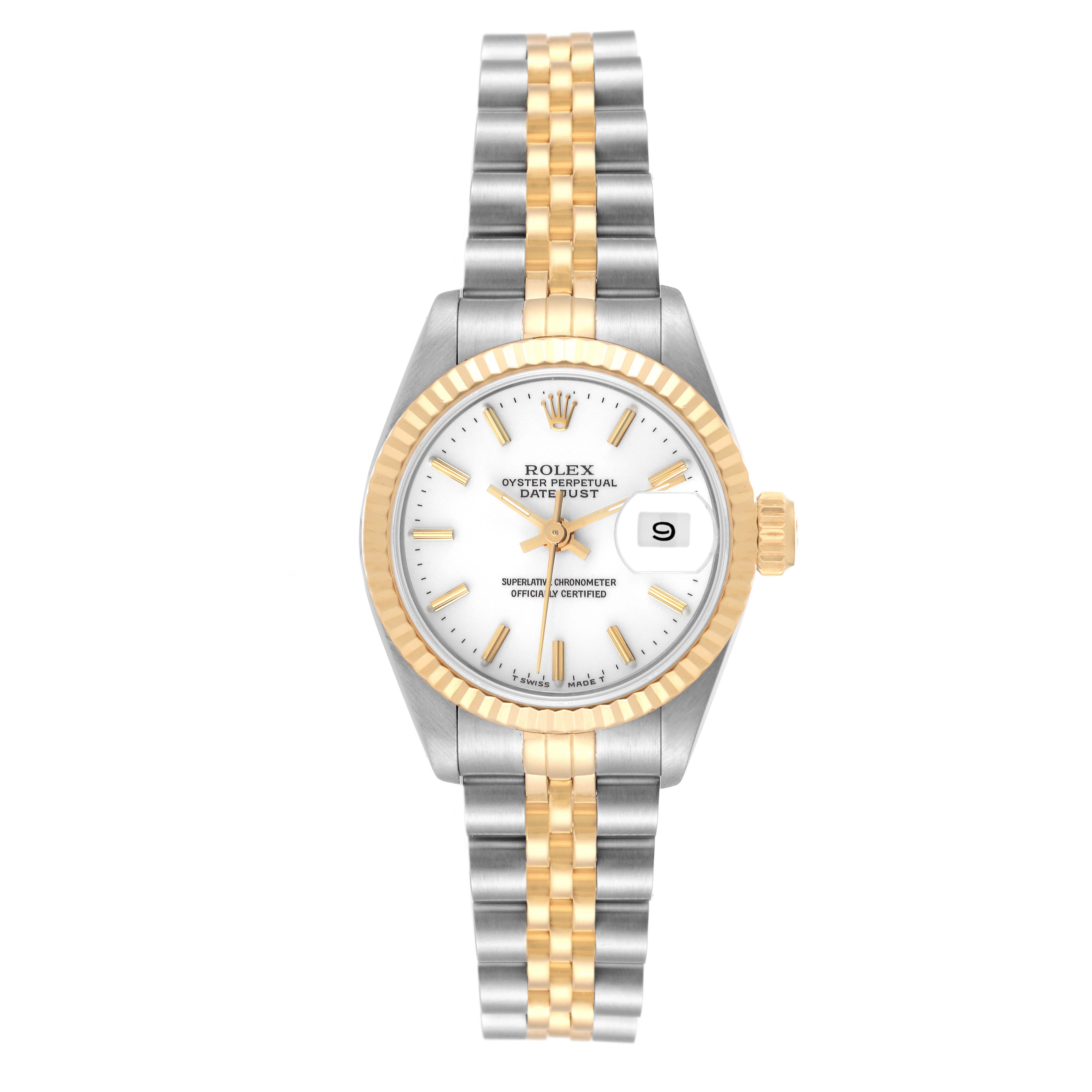 The Rolex Datejust 69173 Women's Steel and Gold (two tone) White Dial 69173 Women's Steel and Gold (two tone) White Dial watch is shown from a top-down angle, highlighting its two-tone bracelet, white dial, fluted bezel, and date window.