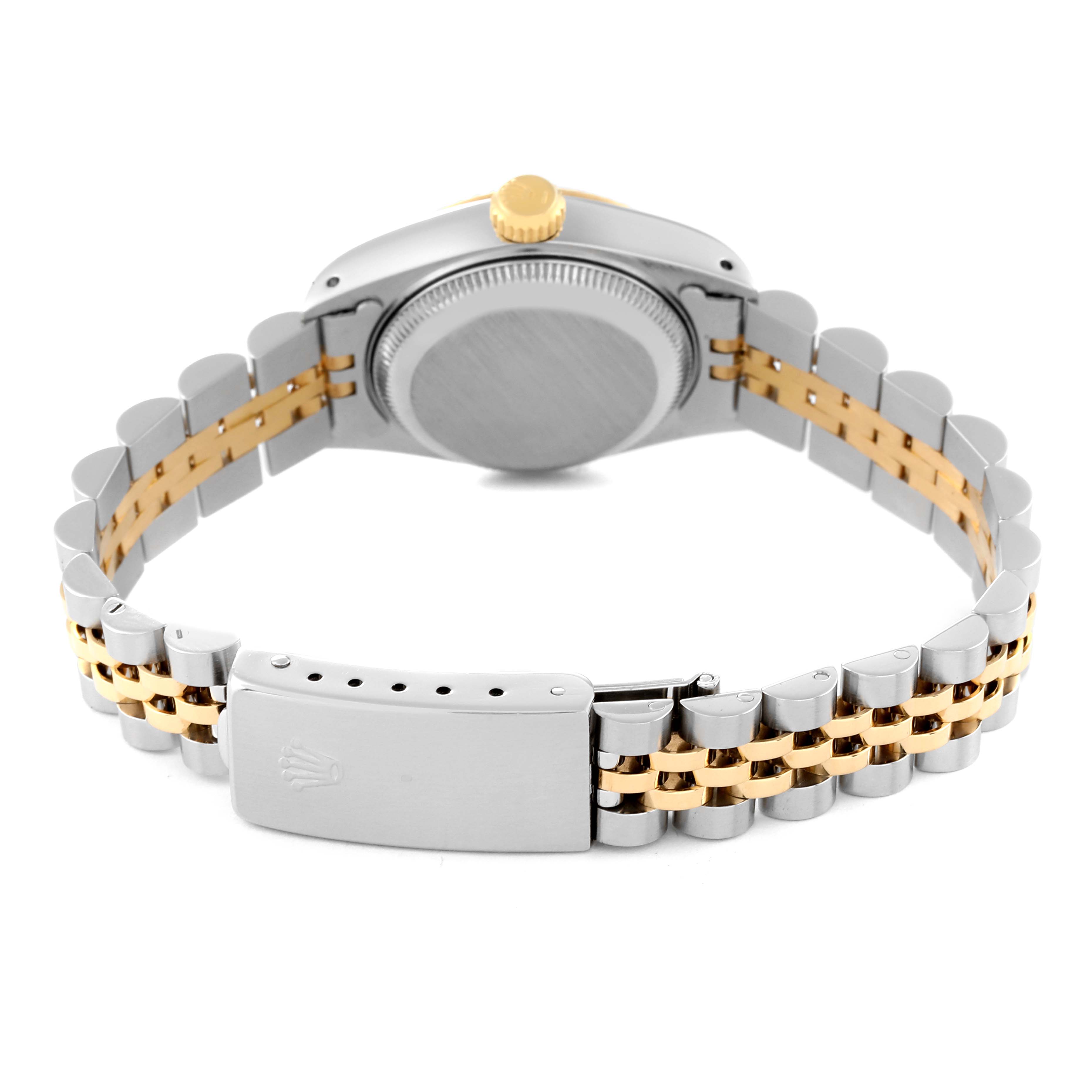This image shows the backside of a Rolex Datejust 69173 Women's Steel and Gold (two tone) White Dial 69173 Women's Steel and Gold (two tone) White Dial watch, highlighting the bracelet and the clasp.