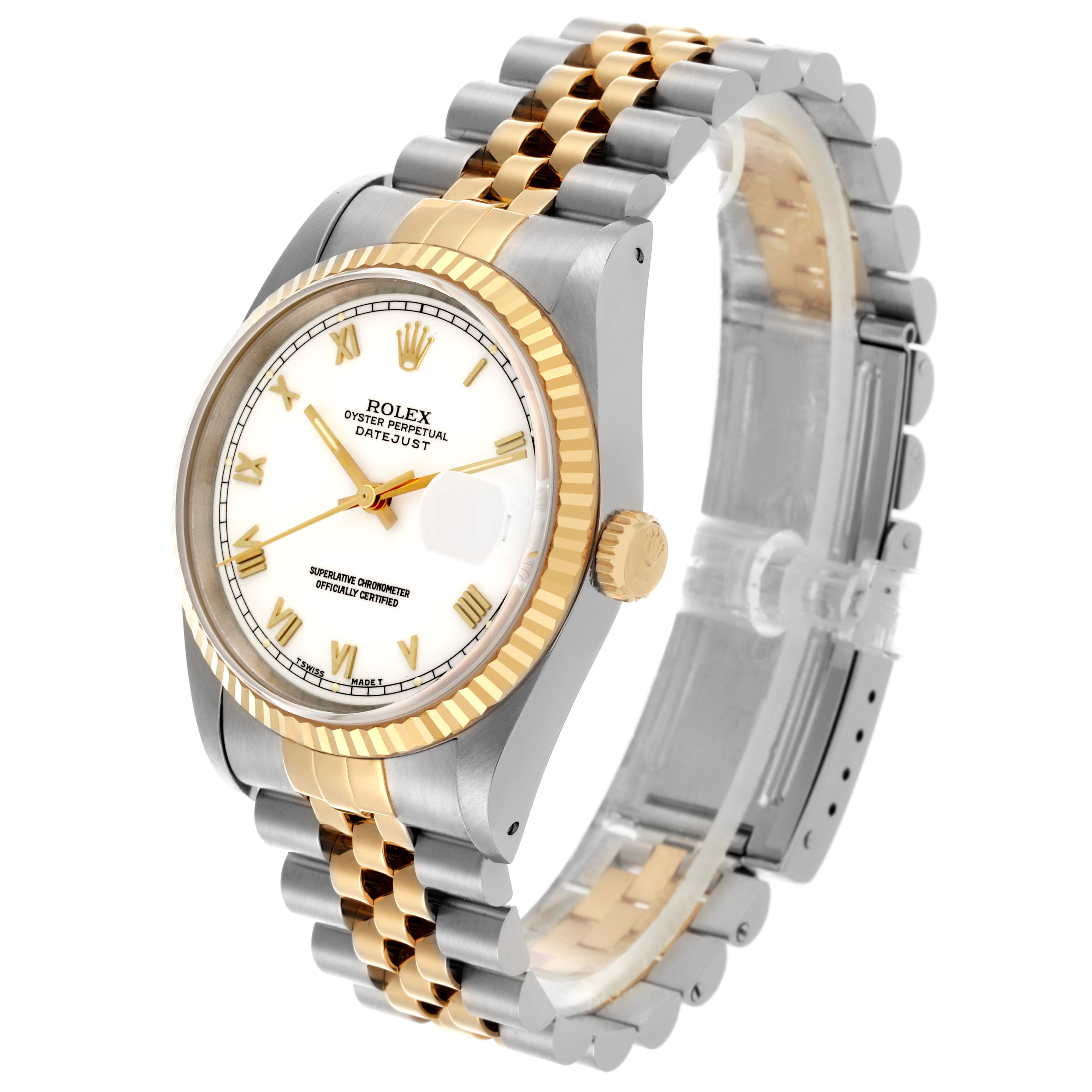 The image shows a Rolex Datejust 16233 Men's Steel and Gold (two tone) White Dial 16233 Men's Steel and Gold (two tone) White Dial watch at a three-quarter angle, highlighting the bezel, dial, and bracelet.