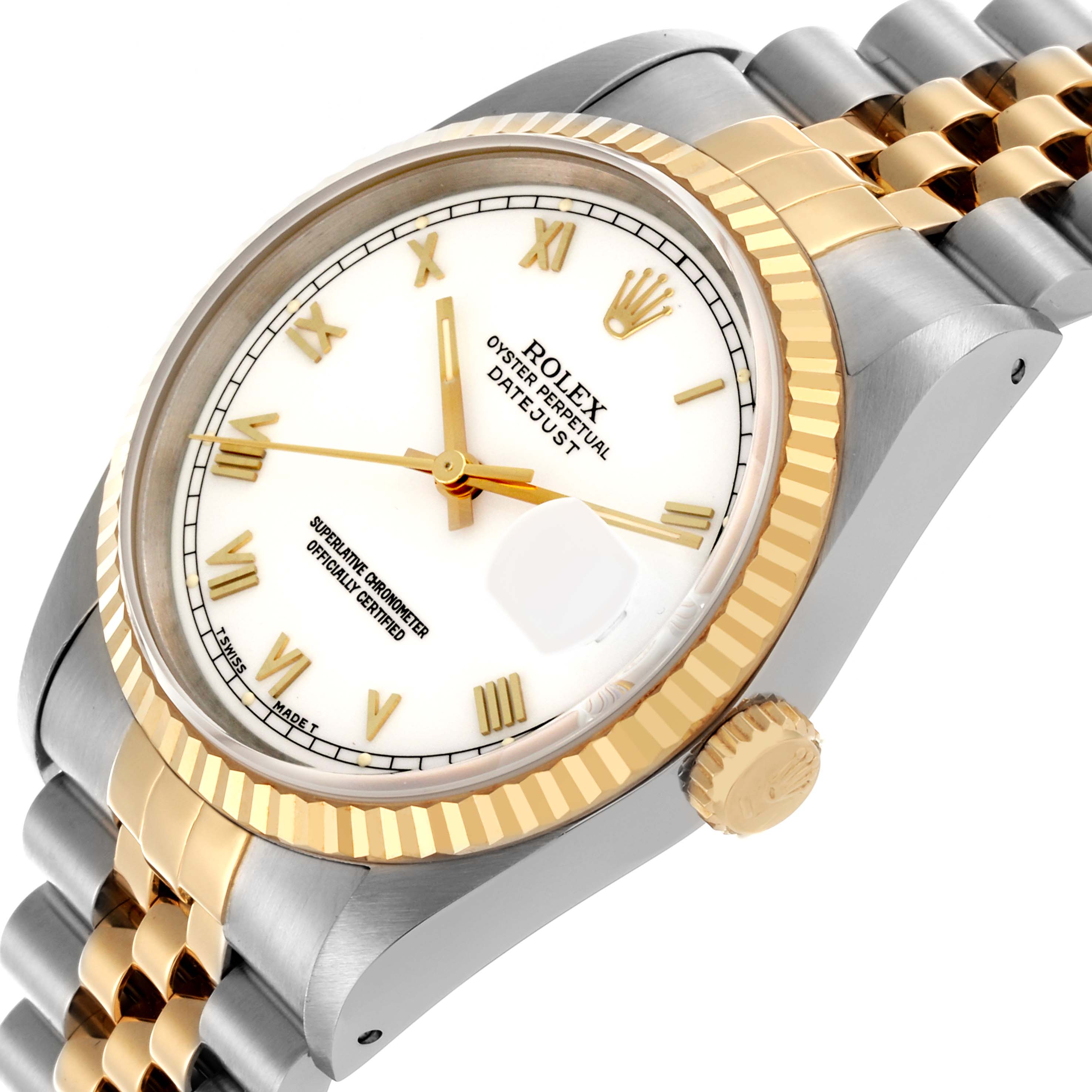 The Rolex Datejust 16233 Men's Steel and Gold (two tone) White Dial 16233 Men's Steel and Gold (two tone) White Dial watch is shown at an angle displaying the face, bezel, crown, and part of the bracelet.