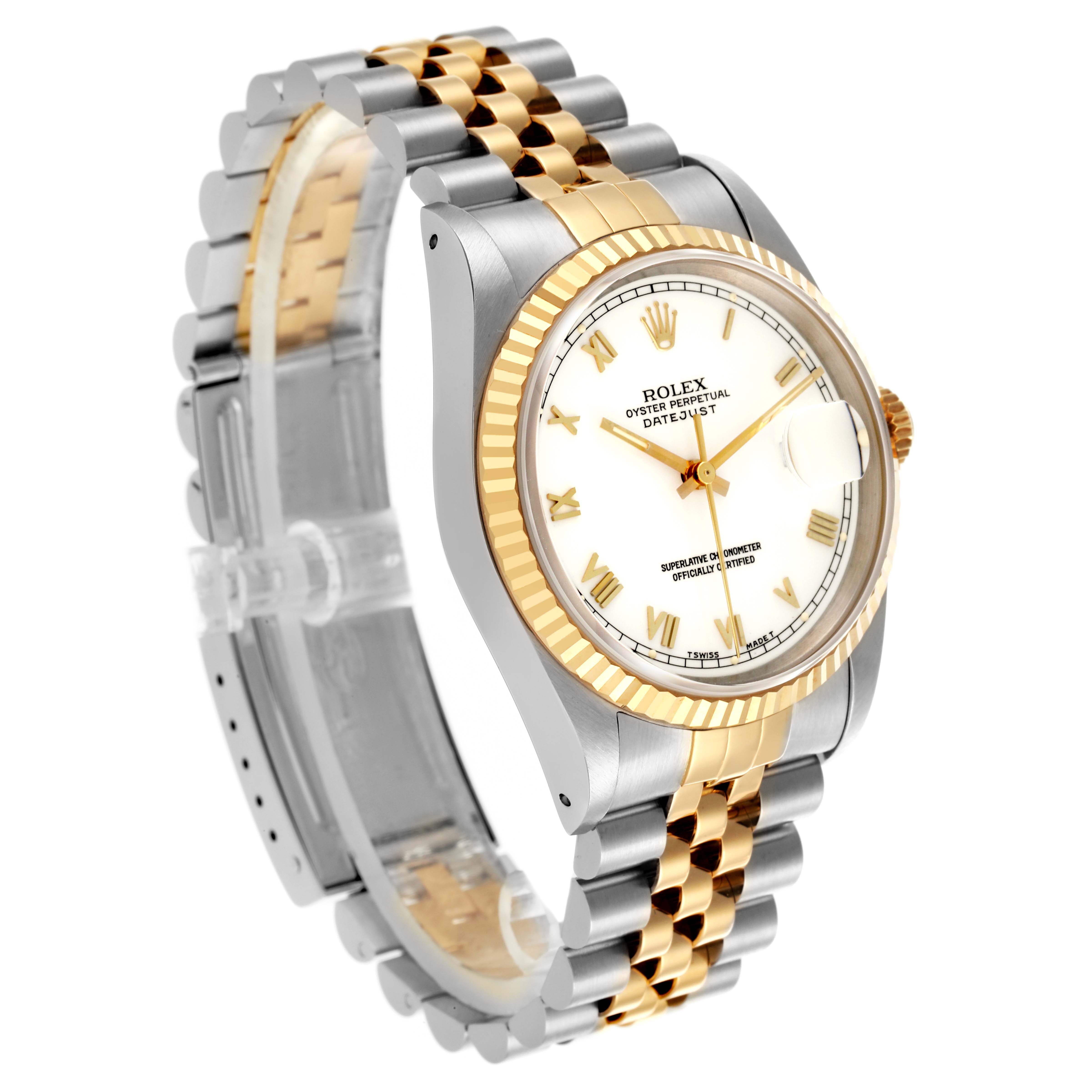 The Rolex Datejust 16233 Men's Steel and Gold (two tone) White Dial 16233 Men's Steel and Gold (two tone) White Dial watch is shown at a three-quarter angle, highlighting the face, bezel, and two-tone bracelet.