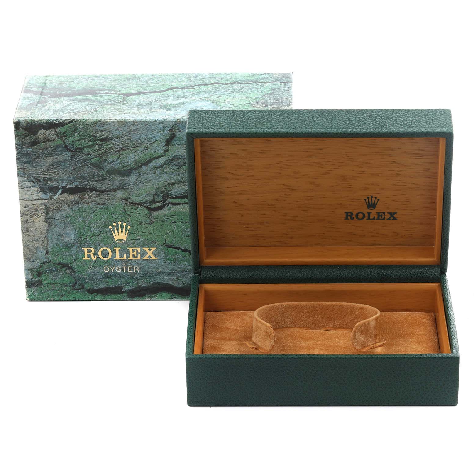 The image shows an open Rolex Datejust 16233 Men's Steel and Gold (two tone) White Dial 16233 Men's Steel and Gold (two tone) White Dial watch box and its outer green box.