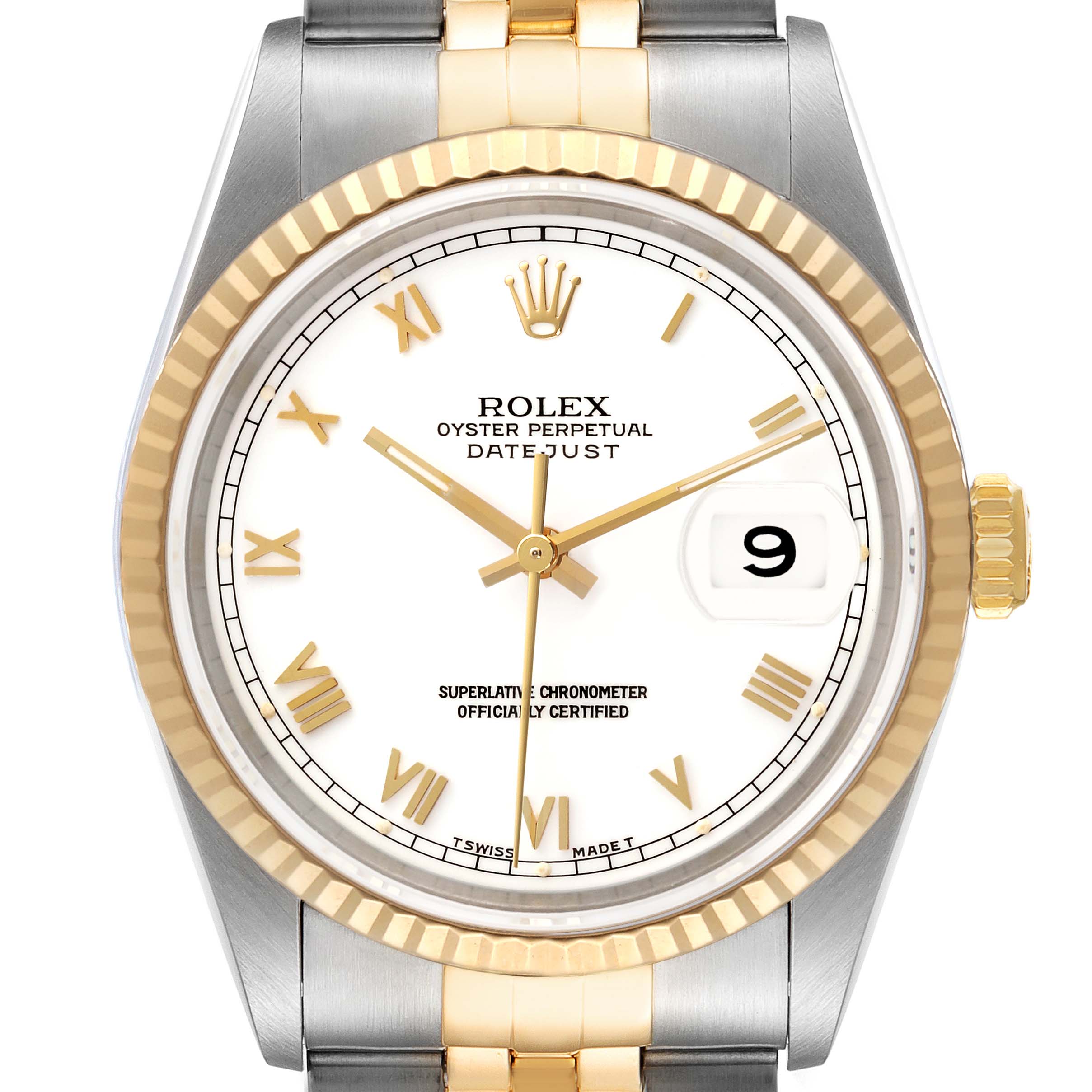 The Rolex Datejust 16233 Men's Steel and Gold (two tone) White Dial 16233 Men's Steel and Gold (two tone) White Dial watch is shown from a front angle, highlighting the dial, bezel, and partial bracelet.
