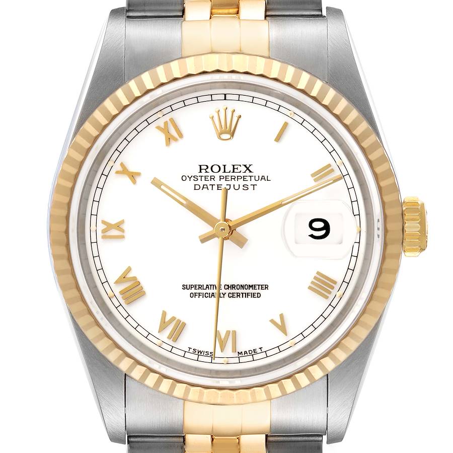 The Rolex Datejust watch is shown from a front angle, highlighting the dial, bezel, and partial bracelet.