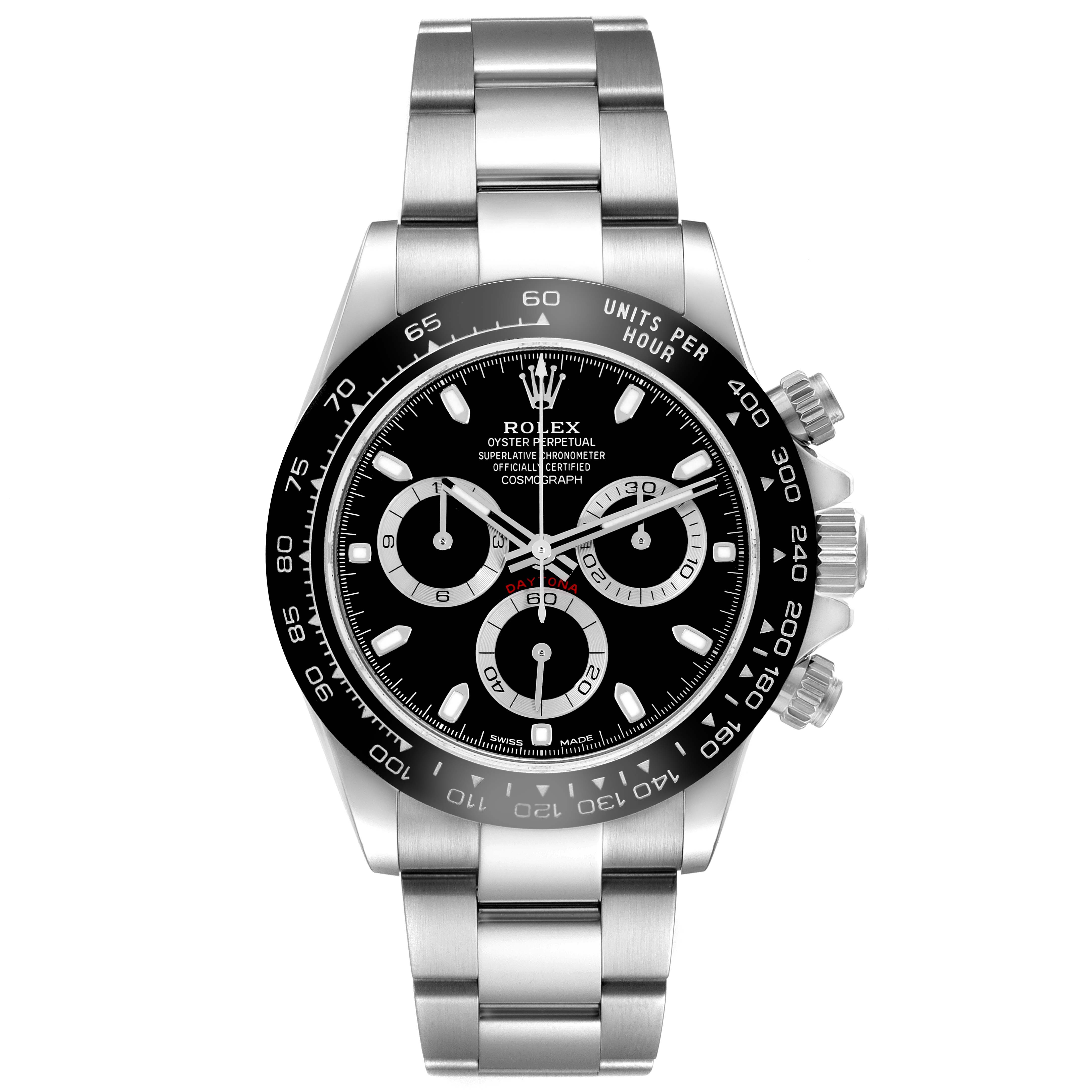 The Rolex Daytona 116500LN Men
s Stainless Steel Black Dial 116500LN Men
s Stainless Steel Black Dial watch is shown from the front, displaying its black dial, bezel, chronograph subdials, and bracelet.